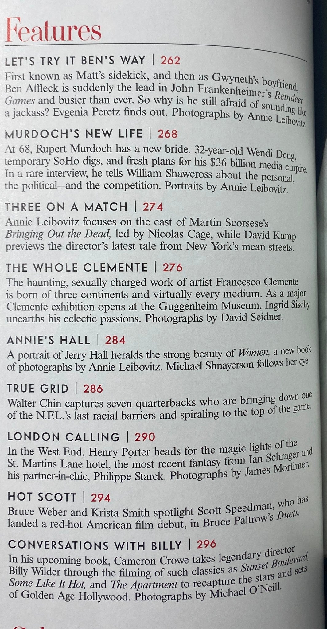 Features page from Vanity Fair Magazine October 1999, showcasing Ben Affleck's cover story 'Let’s Try It Ben’s Way', with additional articles including 'Murdoch’s New Life' and 'Three on a Match'.