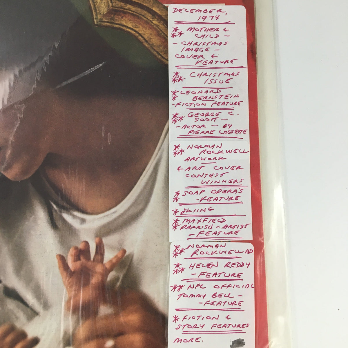 Detailed view of The Saturday Evening Post December 1974 cover with notes, highlighting content including features by esteemed writers and the memorable Mother & Child image.