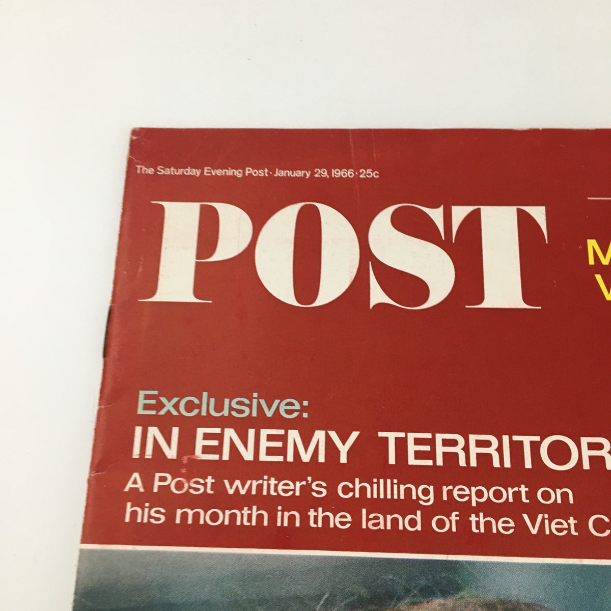 Close-up of the title and highlights on the cover of The Saturday Evening Post, January 29, 1966, showcasing the article 'In Enemy Territory' and featuring actress Julie Andrews.