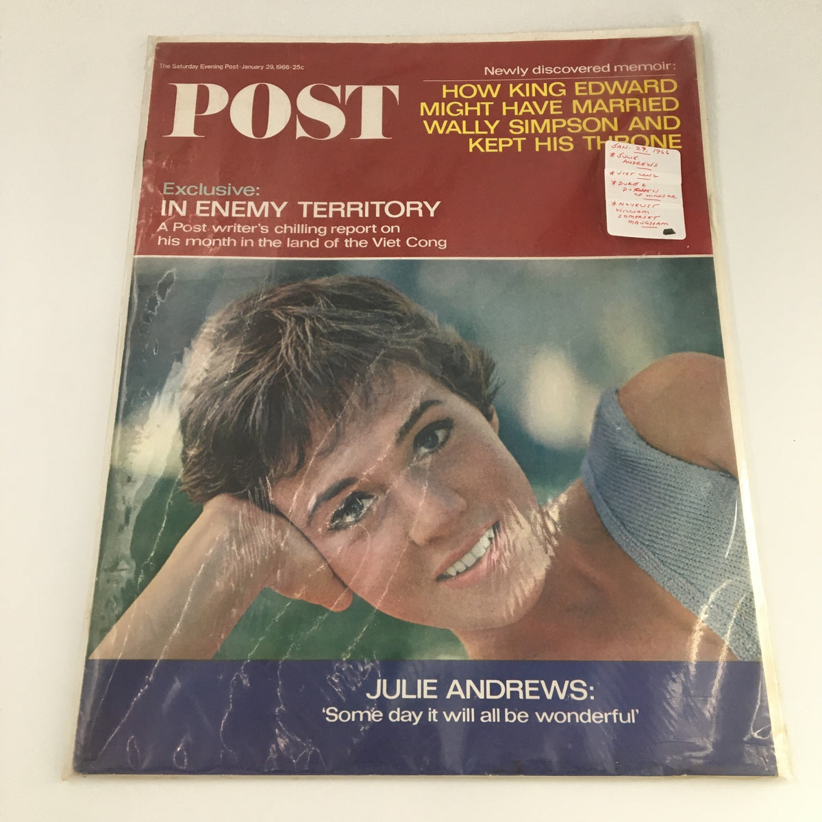 The Saturday Evening Post, January 29, 1966, in protective plastic, displaying actress Julie Andrews on the cover. A great addition for collectors of vintage magazines.