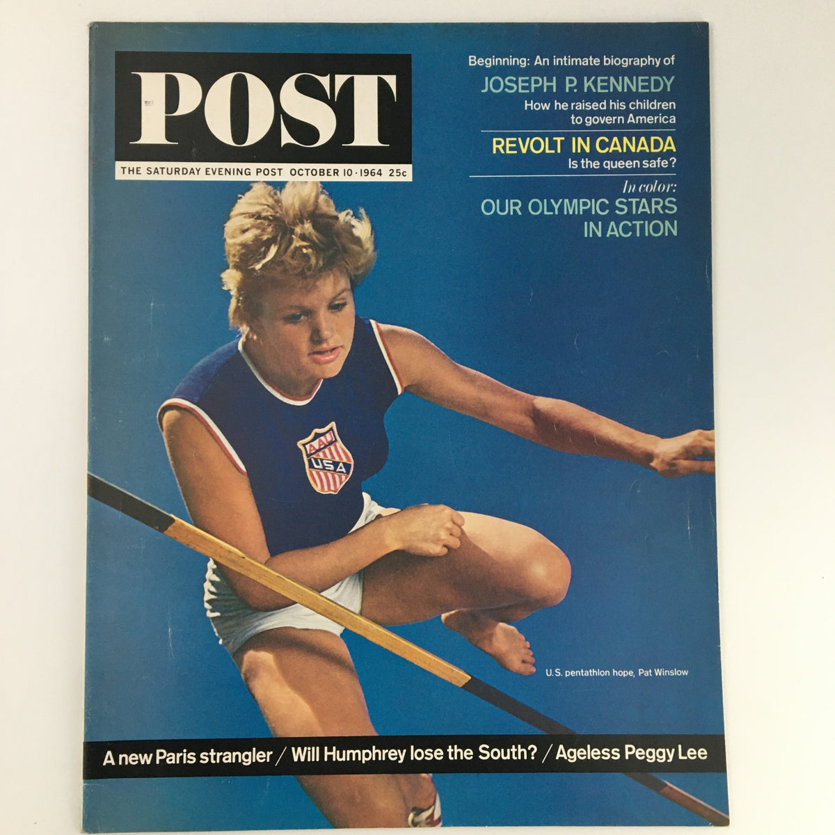 The Saturday Evening Post October 10 1964 featuring Pat Wilson Olympics Cover, showcasing a female athlete in action with USA emblem.