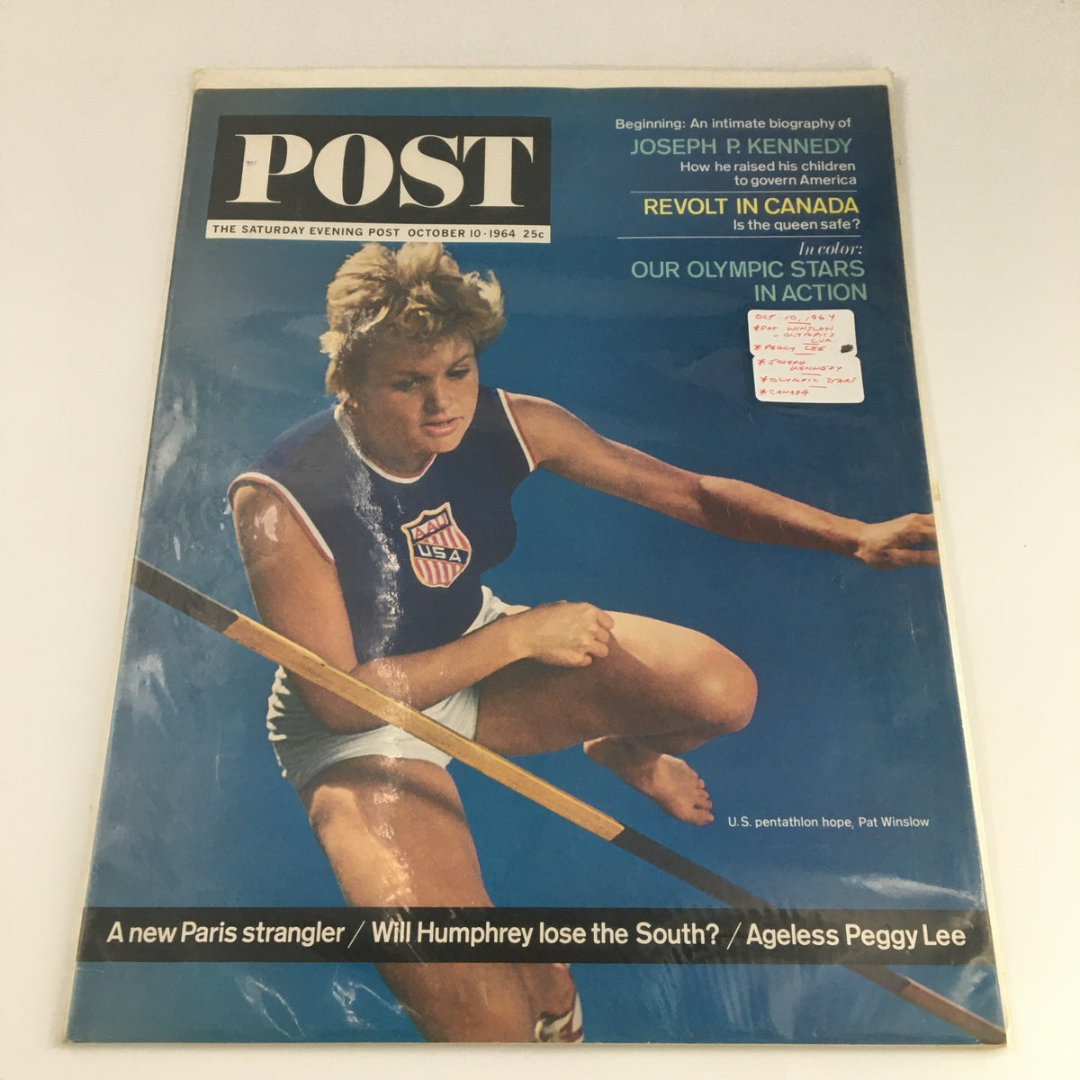 The Saturday Evening Post October 10 1964 Pat Wilson Olympics Cover, displaying vibrant colors with a focus on a female athlete participating in the Olympics.