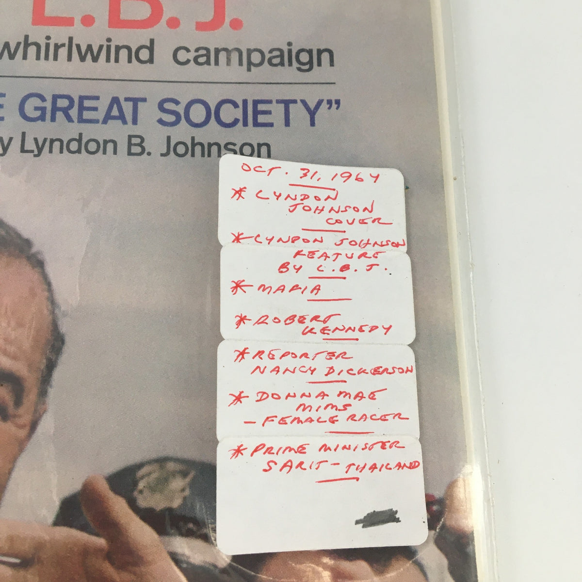 Close-up of The Saturday Evening Post cover from October 31, 1964, with Lyndon B. Johnson's campaign highlights and notable articles listed, reflecting a pivotal time in American history.
