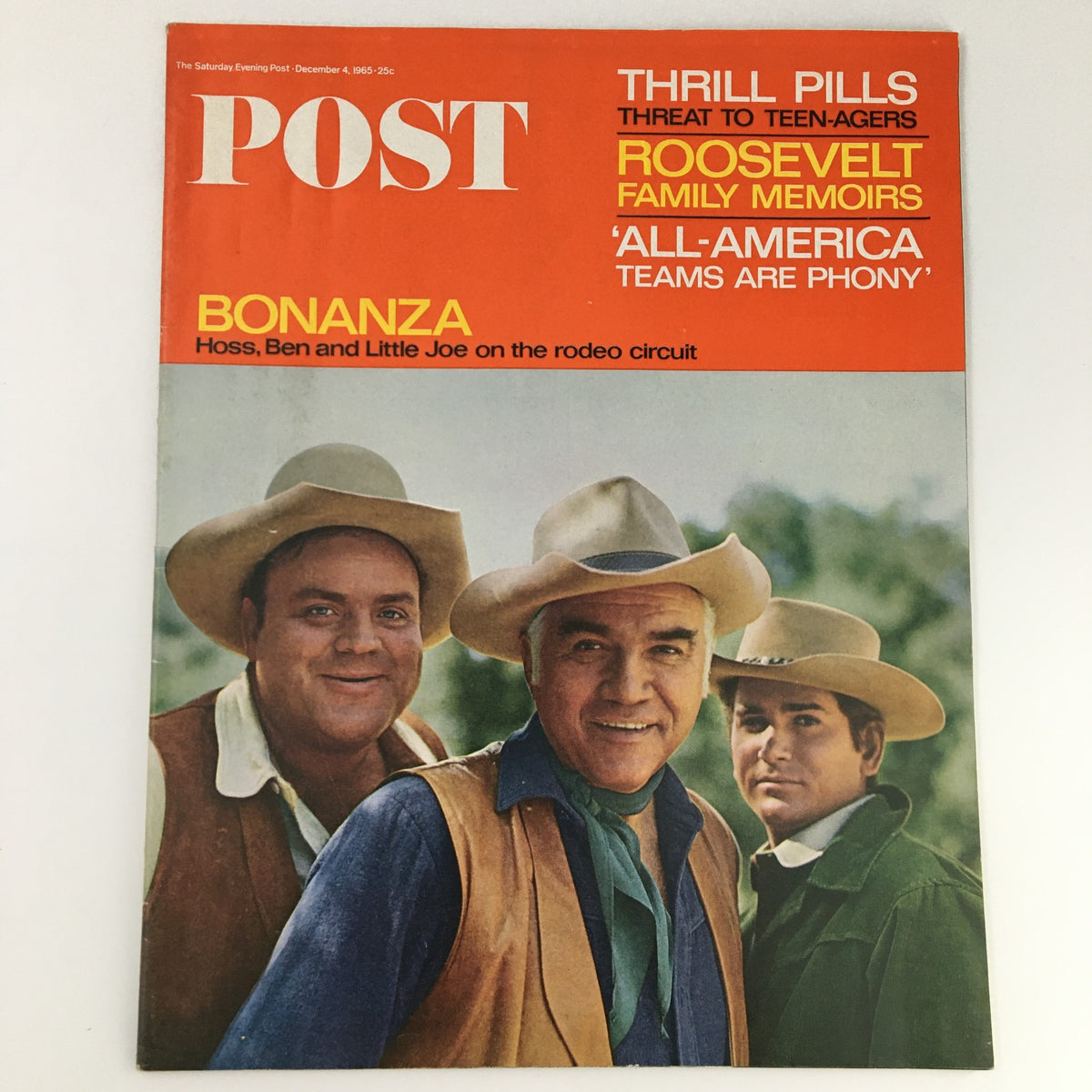 Cover of The Saturday Evening Post December 4, 1965 featuring Franklin Roosevelt memoir, with a colorful header and images of characters from the TV show Bonanza.
