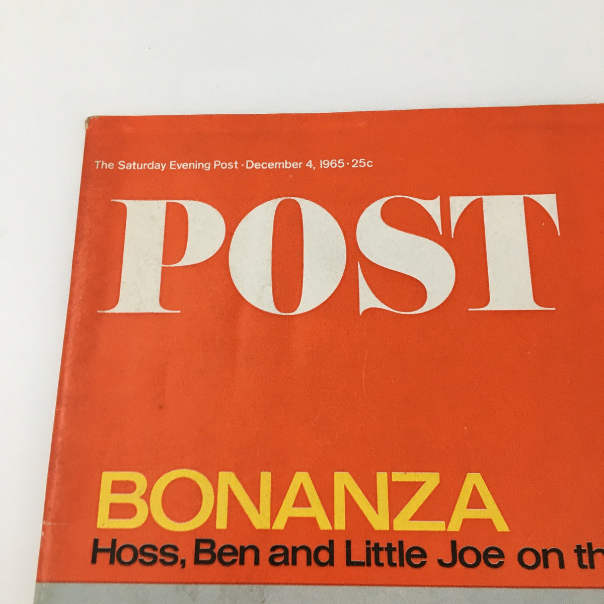 Close-up of the cover of The Saturday Evening Post December 4, 1965, displaying the title and subtitle about Bonanza and Roosevelt's family memoirs.