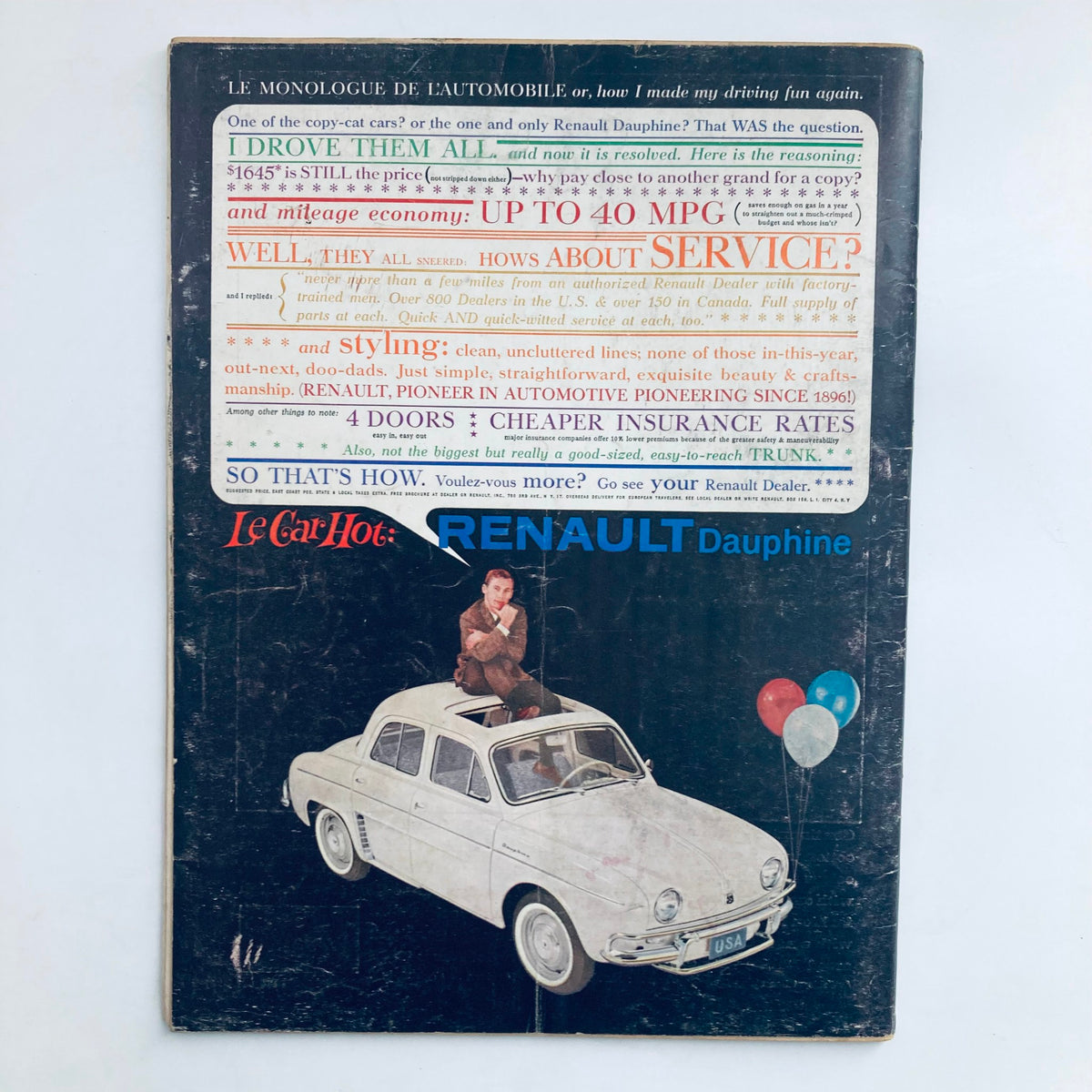 VTG Playboy Magazine May 5 1960 back cover featuring an advertisement for Renault Dauphine, illustrating automotive advertising in the 1960s.