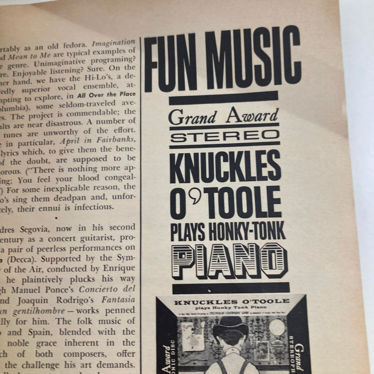 Interior page of VTG Playboy Magazine January 1961 highlighting the 'Fun Music' section with bold typography and details about musicians.