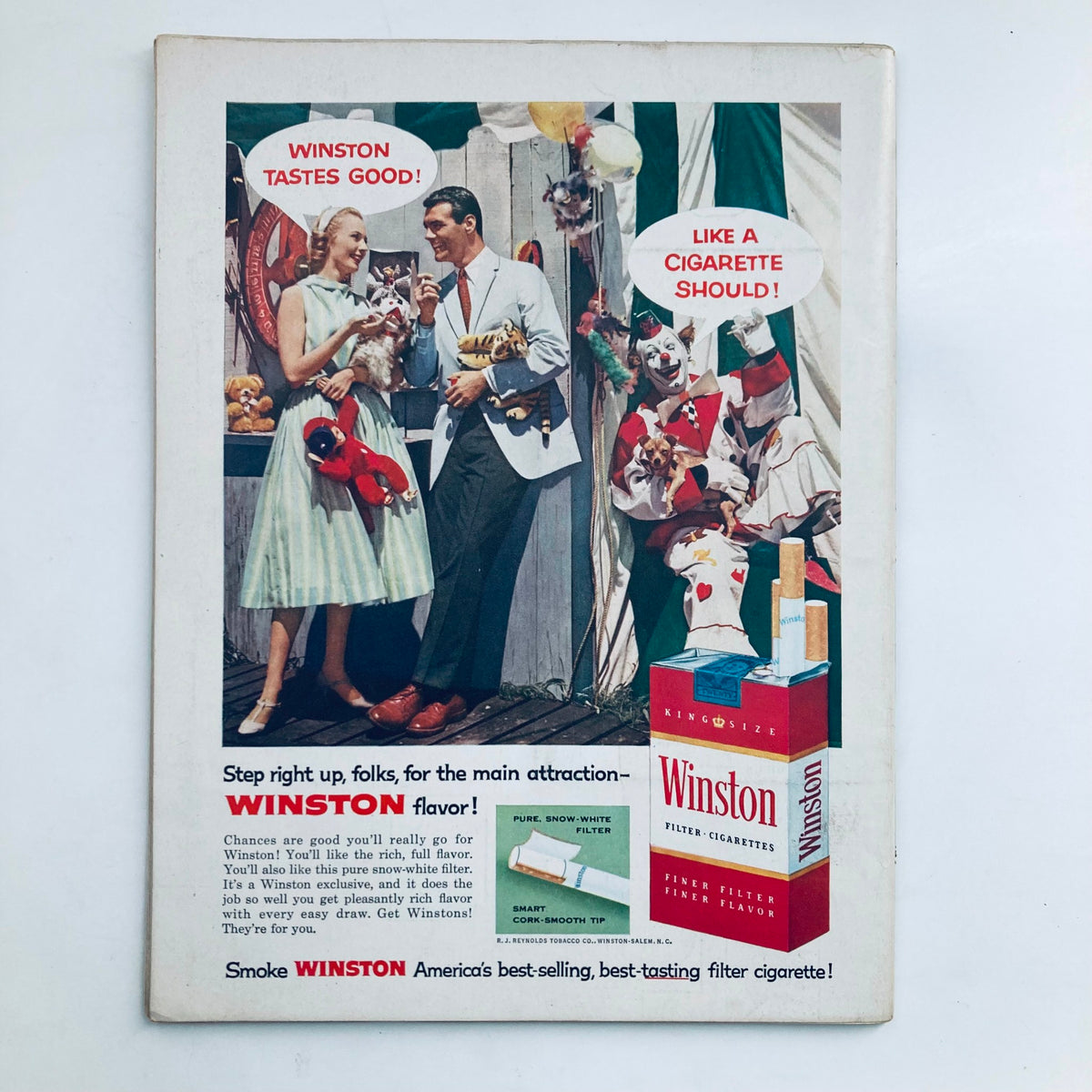 VTG Playboy Magazine October 1957 advertisement for Winston cigarettes, displaying a couple and a clown, typical of mid-20th century marketing.