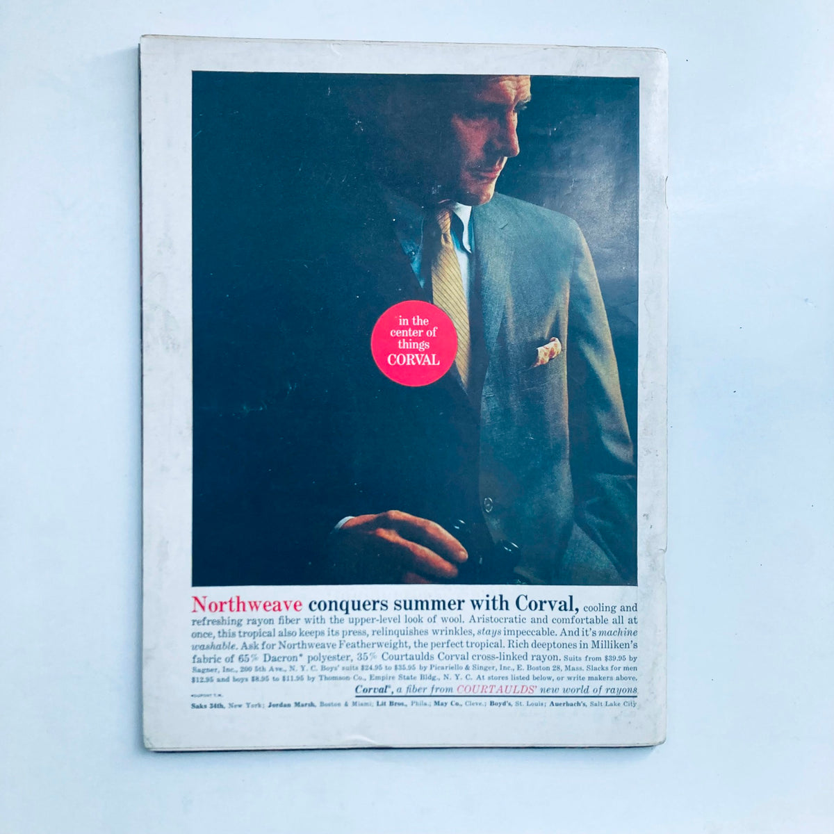 Back cover of VTG Playboy Magazine March 1961 featuring advertisement for Northweave fabric and the tagline 'in the center of things Corval'. This collectible magazine includes Playmate Tonya Crews and is a piece of pop culture history.