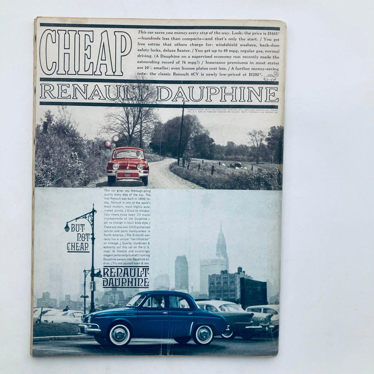 Advertisement page in the Vintage Playboy Magazine September 1960 showcasing the Renault Dauphine car with black and white photos, highlighting its affordability and design.