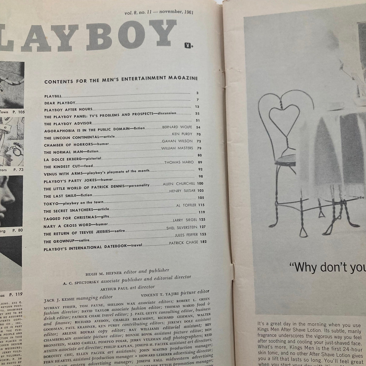 Inside page of VTG Playboy Magazine November 1961 displaying the table of contents with various articles and features.