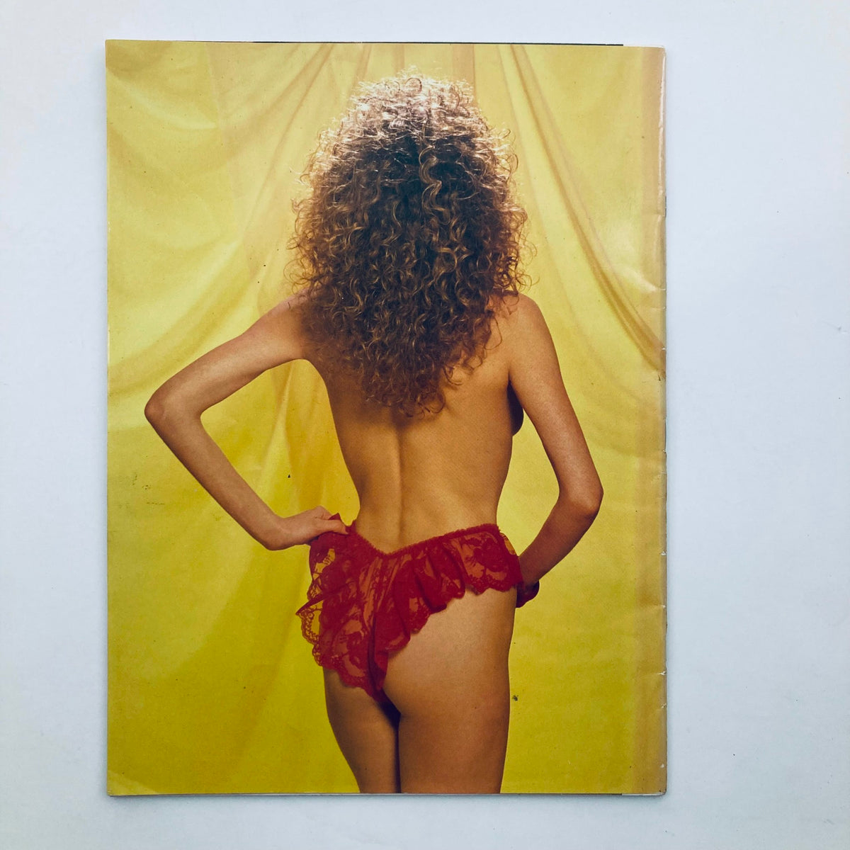 Back cover of the VTG 1990 Playboy's Midnight Playmates magazine, displaying Suzi Schott in red lace underwear against a yellow backdrop.