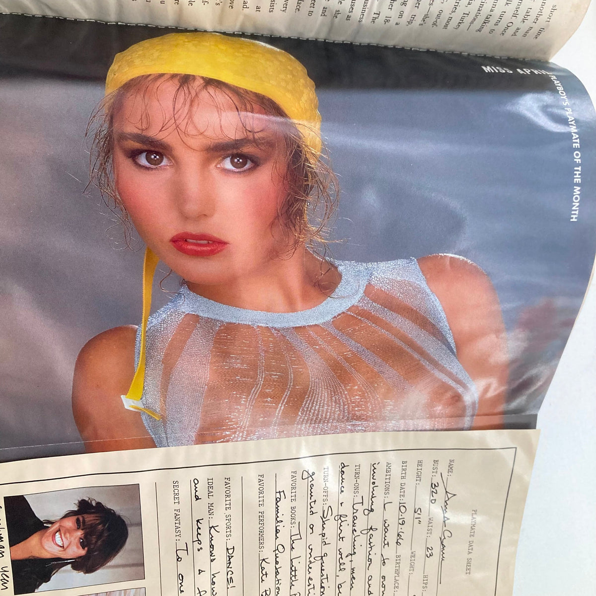 Interior page from VTG Playboy Magazine April 1987 featuring a glamorous centerfold and a profile of the Playmate of the Month, contributing to its collectible value.