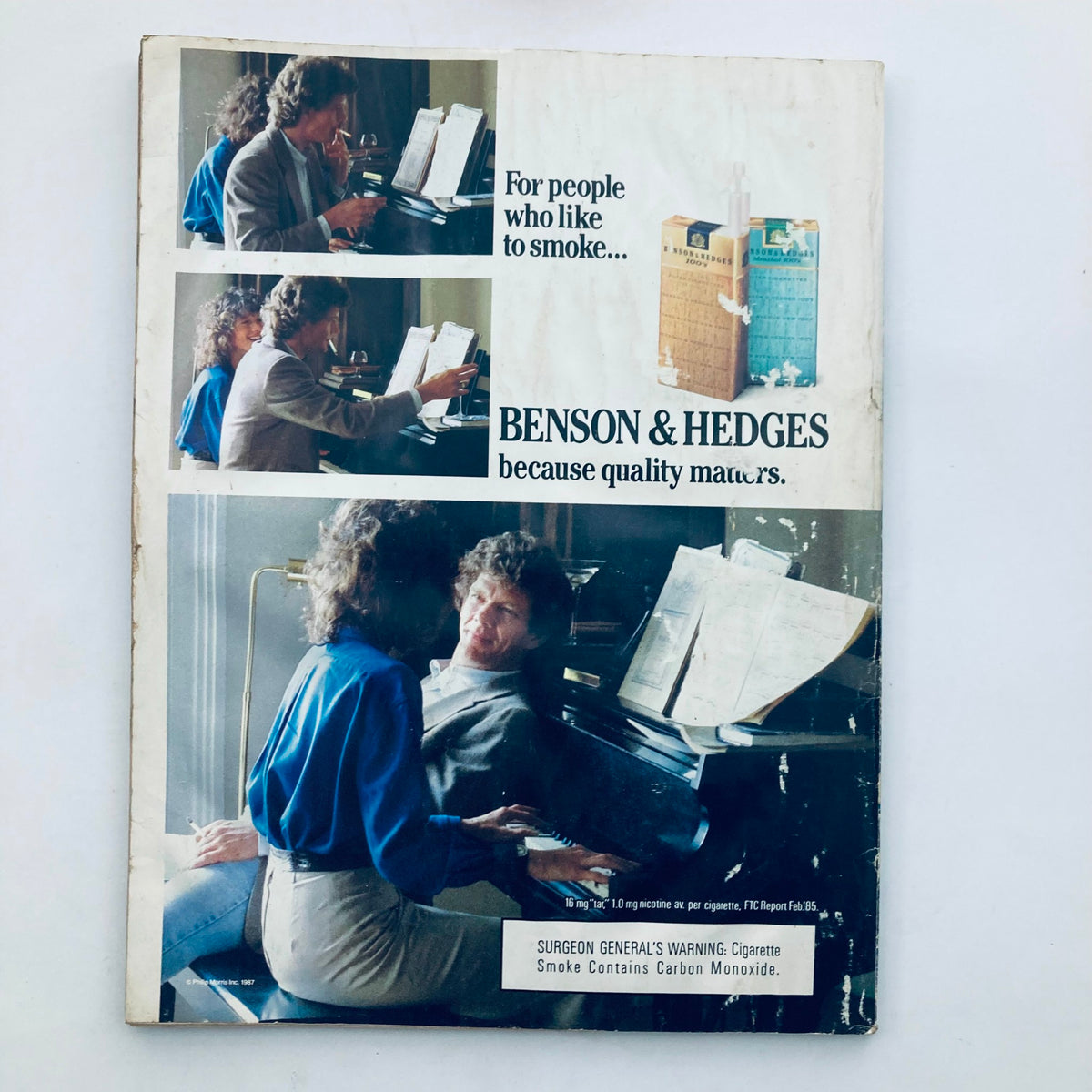 Back cover of VTG Playboy Magazine April 1987, displaying an advertisement for Benson & Hedges cigarettes, reflecting advertising styles of the 1980s.