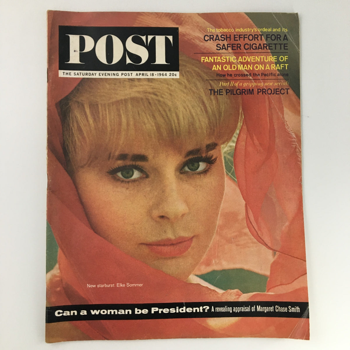 The Saturday Evening Post April 18 1964 Elke Sommer Cover Feature, showcasing a striking portrait of Elke Sommer against a vibrant background, highlighting the vintage magazine's artistic design.