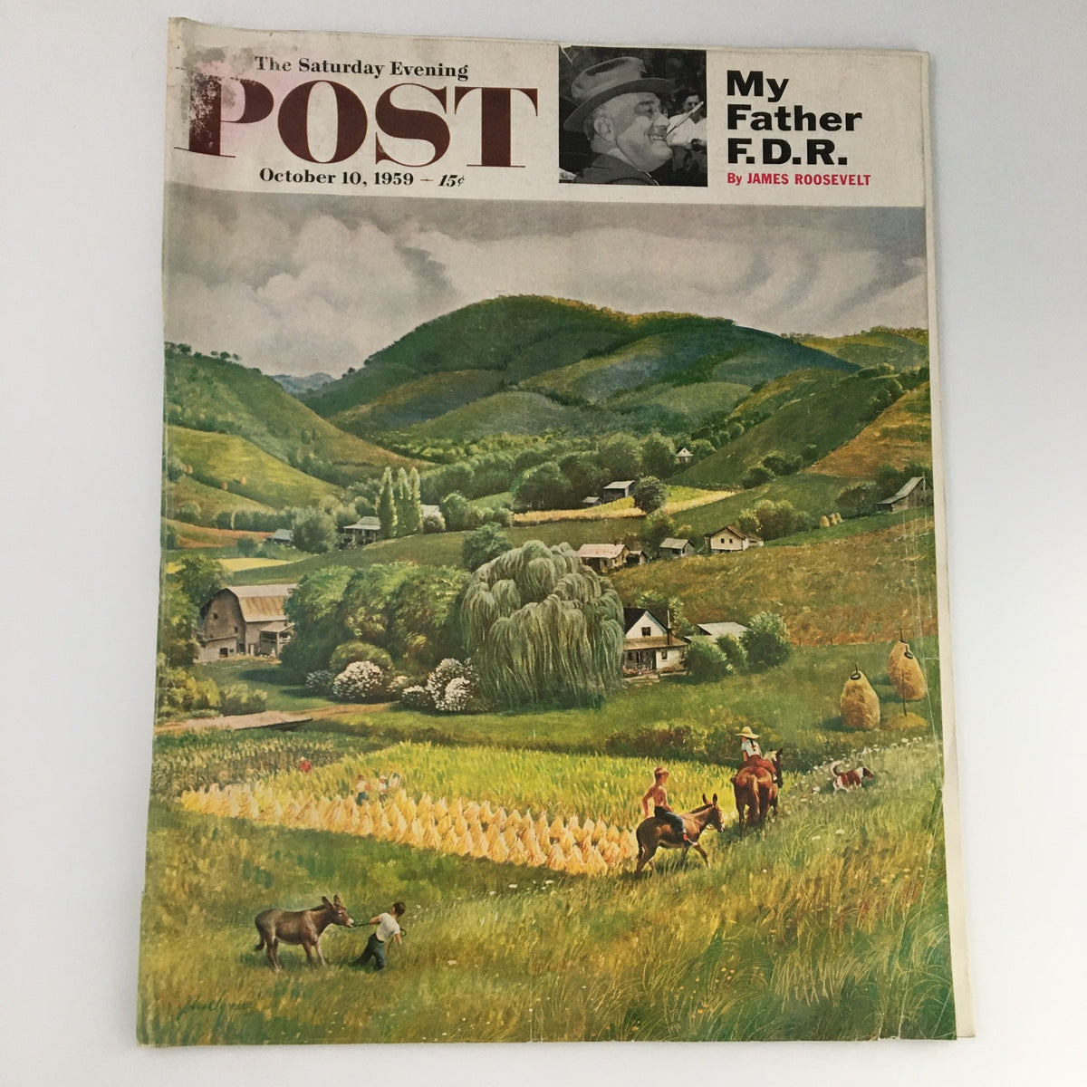 The Saturday Evening Post October 10, 1959 magazine cover featuring a scenic illustration of a rural landscape with a farmer, animals, and rolling hills. The cover highlights the article 'My Father F.D.R.' by James Roosevelt.