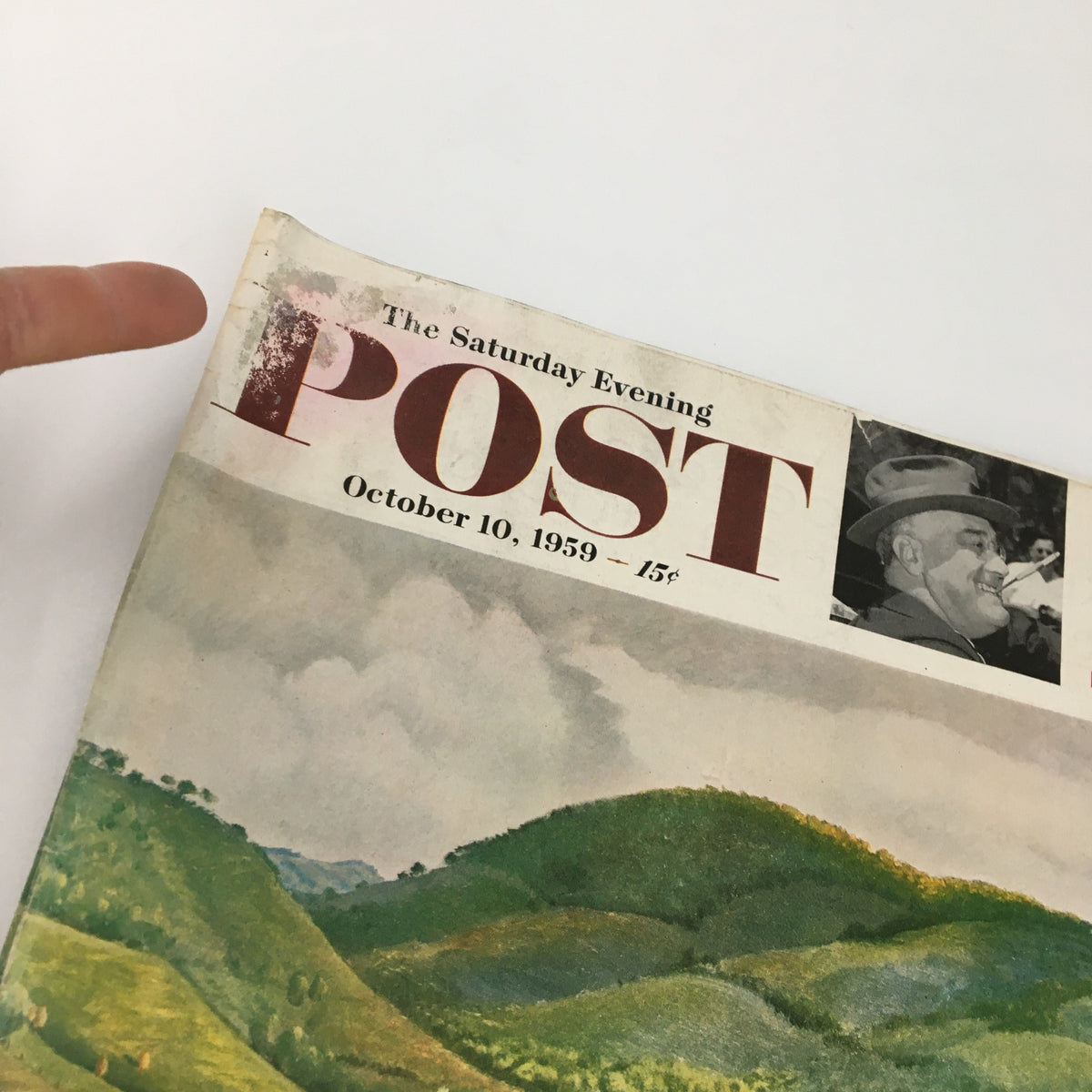 Close-up of the top corner of The Saturday Evening Post October 10, 1959 magazine cover, showing signs of wear and the date. The corner highlights the article 'My Father F.D.R.' alongside a historic photograph.