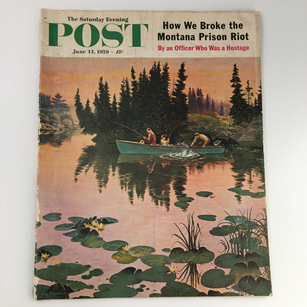 Cover of The Saturday Evening Post from June 13, 1959 featuring an article on the Montana Prison Riot, including vibrant watercolor artwork of fishermen on a serene lake.