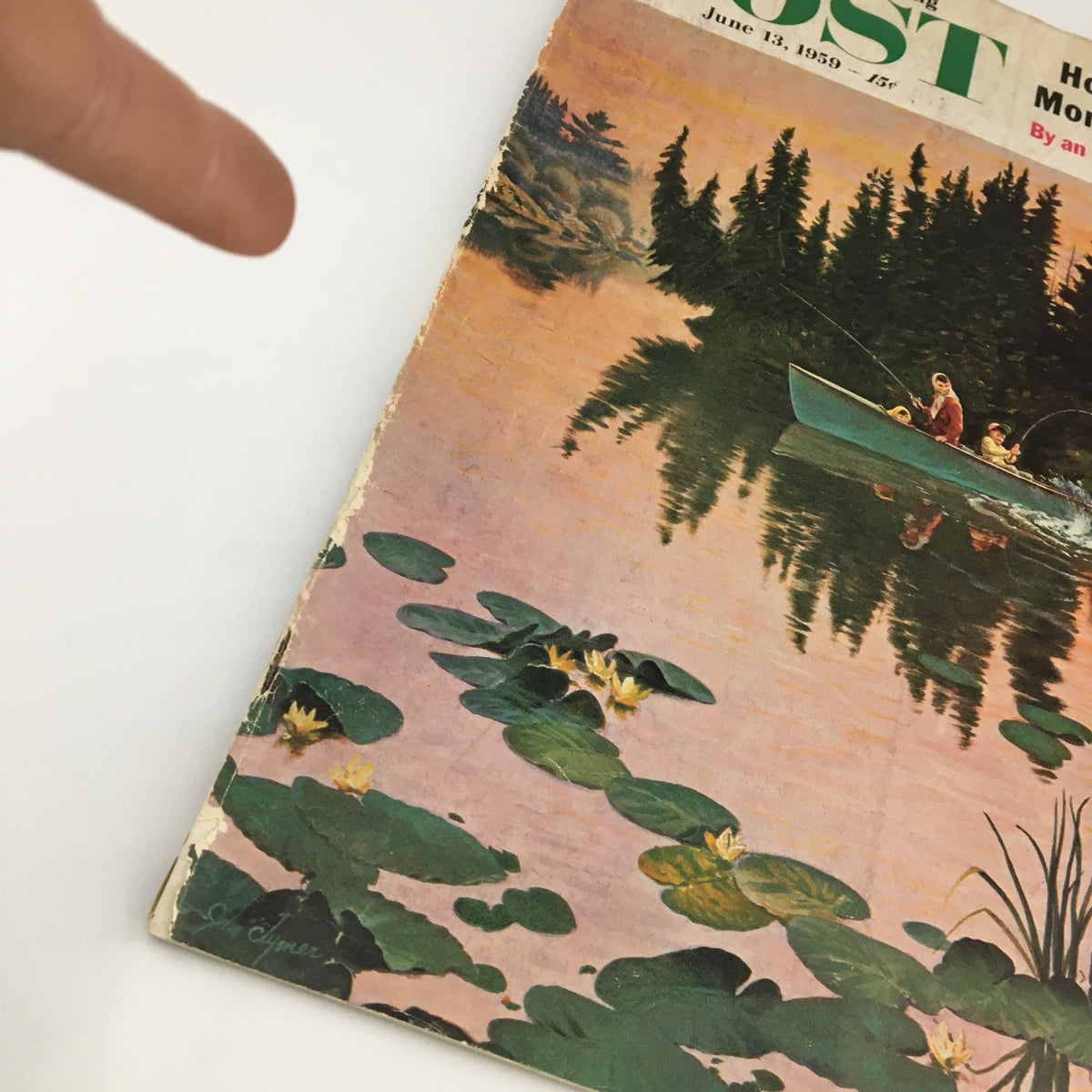 Close-up view of the cover artwork of The Saturday Evening Post, June 13, 1959, highlighting details of the fishing scene and lily pads, relevant to the Montana Prison Riot feature.
