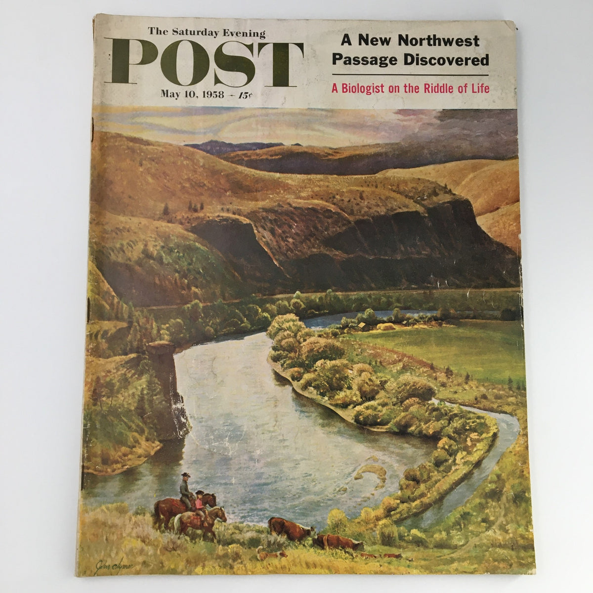 Cover of The Saturday Evening Post dated May 10, 1958, featuring a scenic landscape painting and the title 'A New Northwest Passage Discovered' along with 'A Biologist on the Riddle of Life' article.