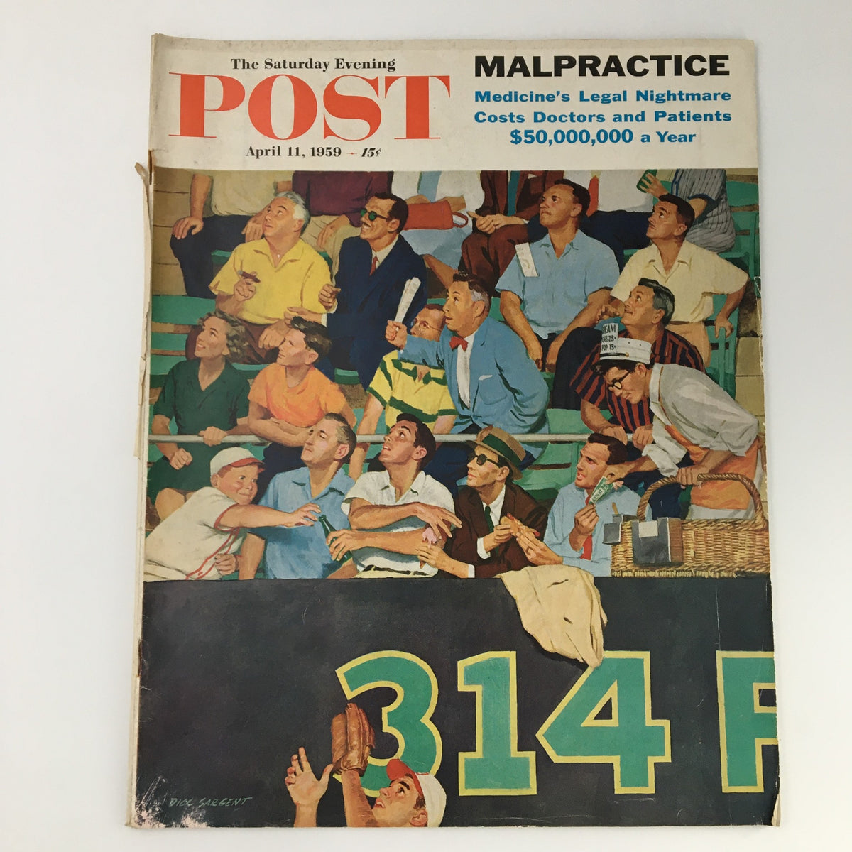 The Saturday Evening Post April 11 1959 cover featuring an illustration of a crowd watching a baseball game, highlighting the article on 'Malpractice in Medicine.'
