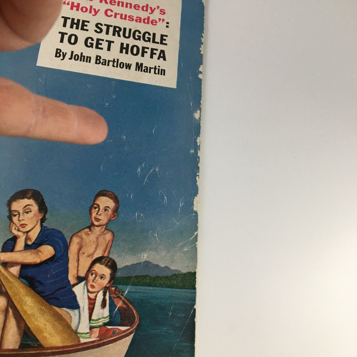 Detail of The Saturday Evening Post from June 27, 1959, capturing the expressions of a woman and children in a boat, highlighting the iconic magazine's artwork and era.