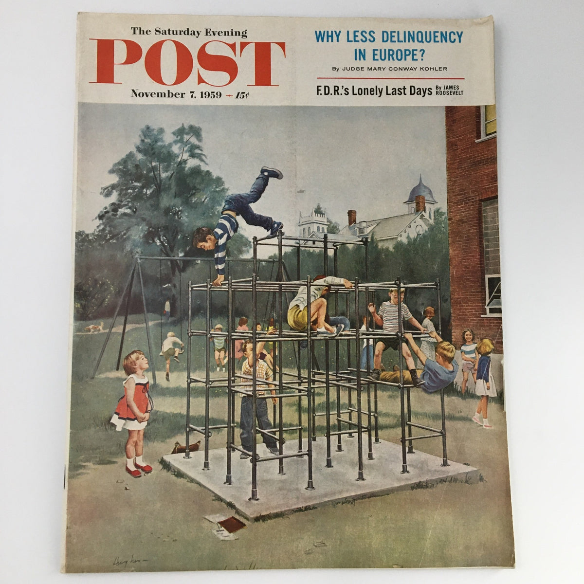 The Saturday Evening Post November 7 1959 cover featuring children playing on a playground, highlighting the nostalgic theme of childhood and social interaction, with a focus on a boy climbing on a jungle gym.