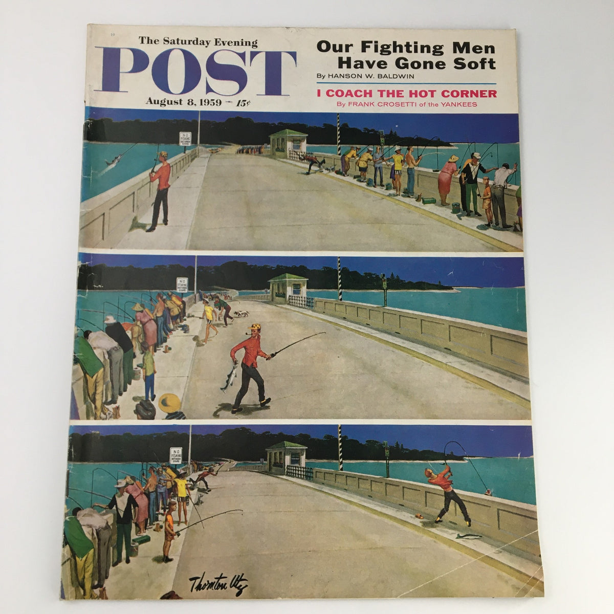 The Saturday Evening Post August 8, 1959 cover featuring Frank Crosetti's article, showcasing an illustrated scene of fishing on a pier with several fishermen and a scenic view of water, representing mid-20th century American culture.
