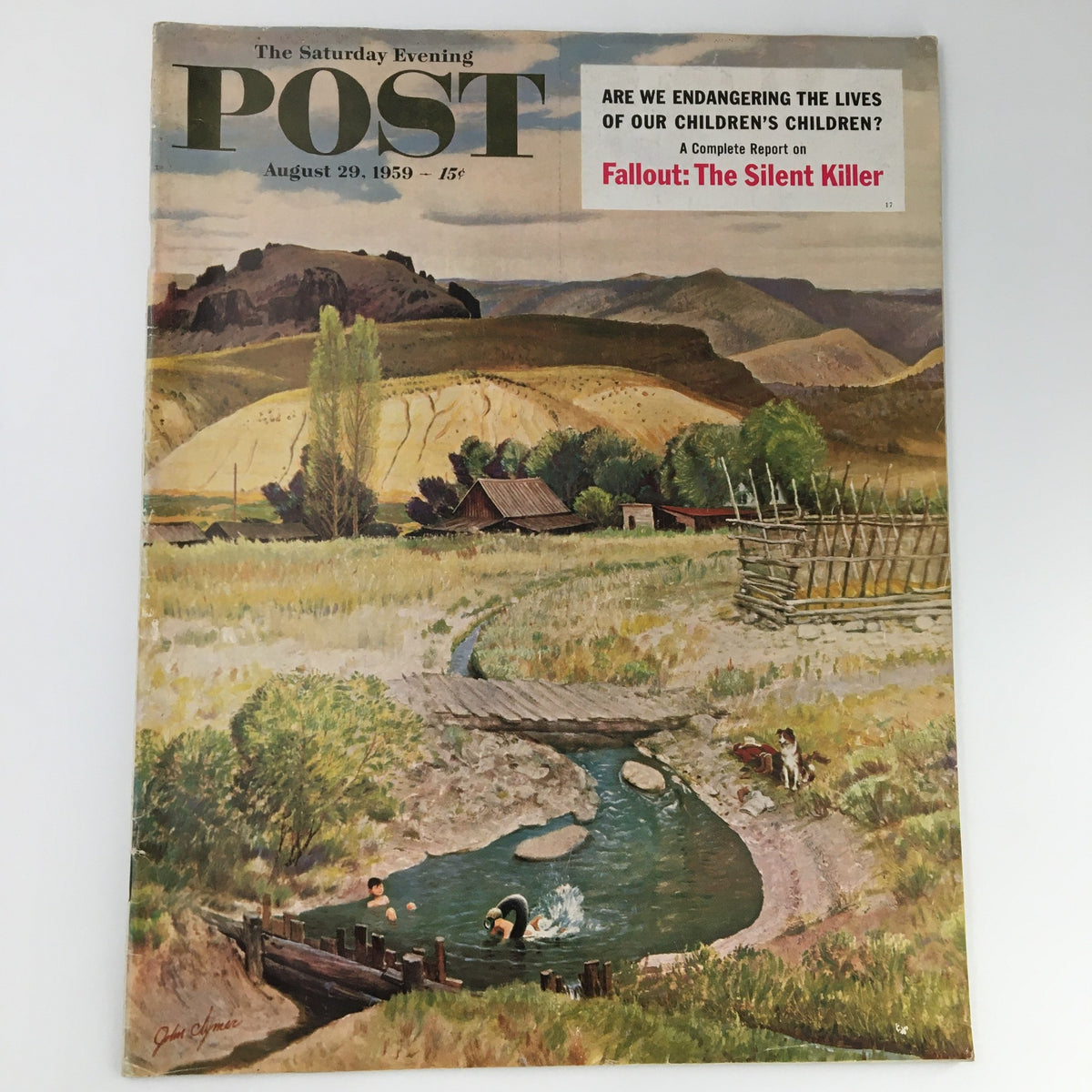 Cover of The Saturday Evening Post from August 29, 1959, featuring the title "Fallout: The Silent Killer," showcasing a serene landscape with children playing in a stream, set against a backdrop of hills and rustic buildings.