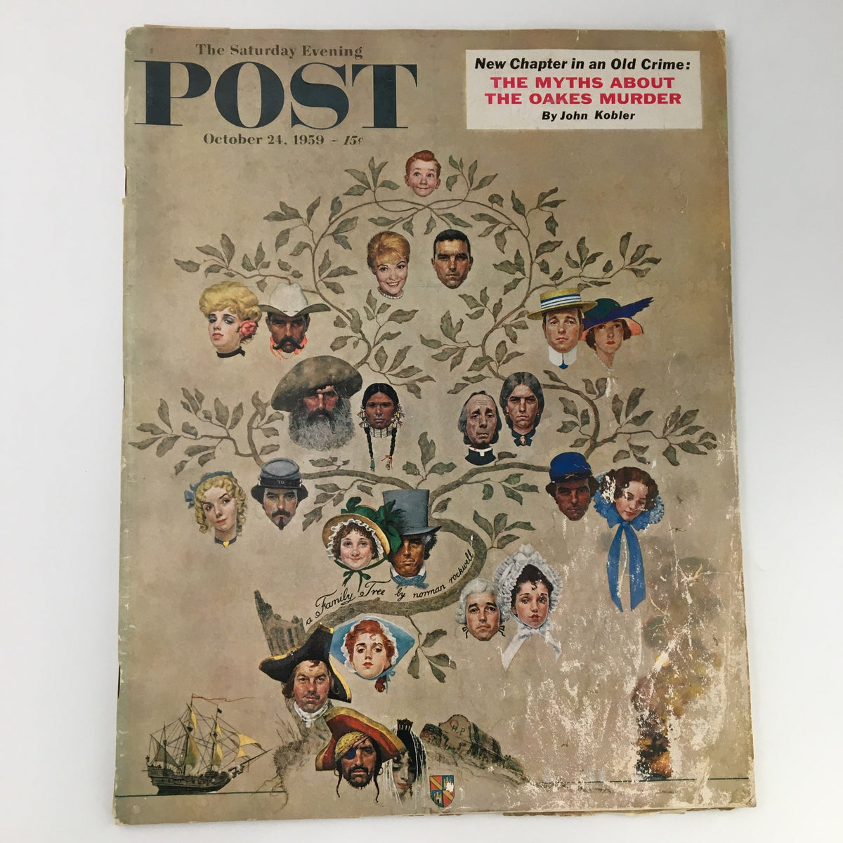 Cover of The Saturday Evening Post dated October 24, 1959, featuring a montage of illustrated faces set against a family tree backdrop, highlighting the Oakes Murder feature.