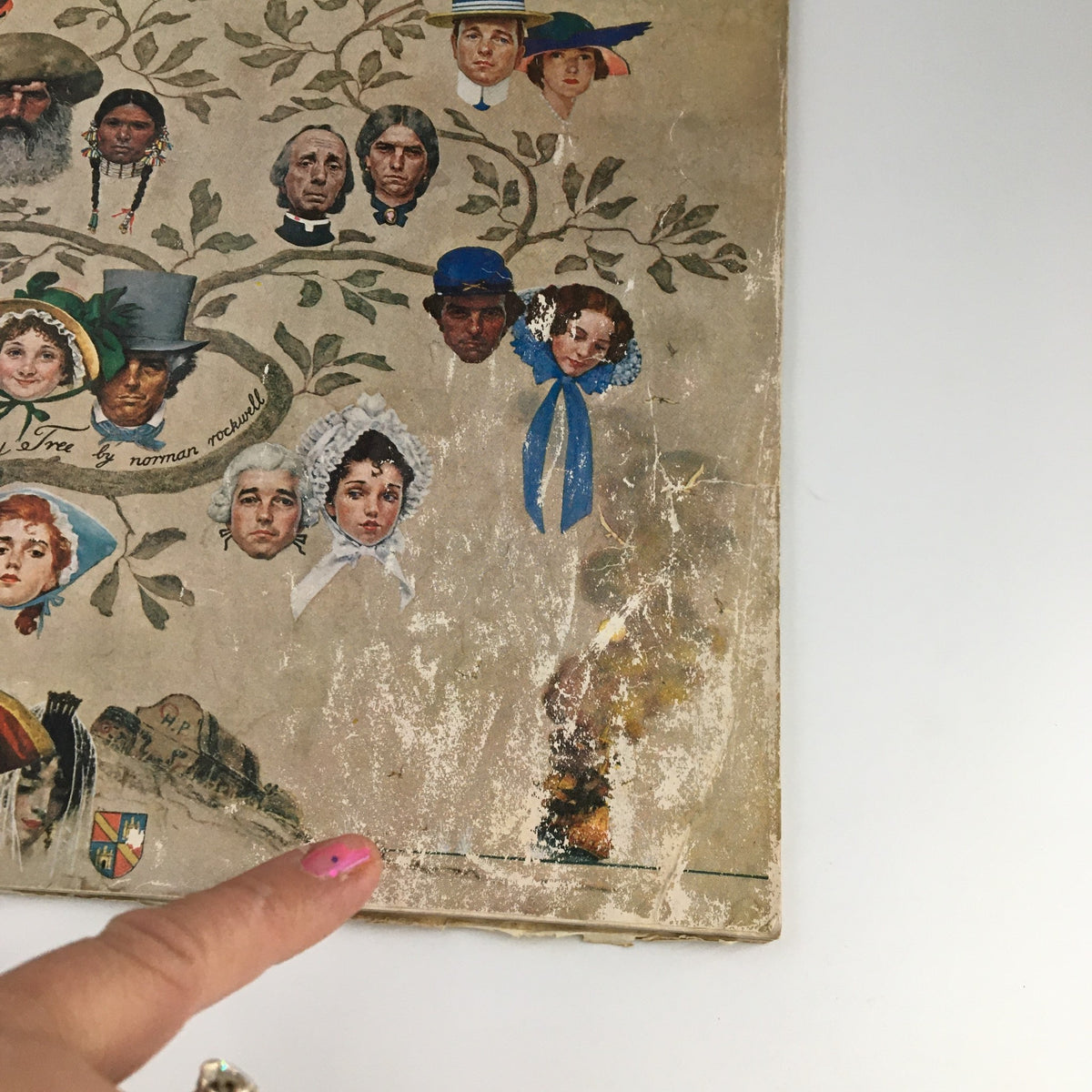 Close-up of the cover of The Saturday Evening Post from October 24, 1959, showcasing detailed drawings of various historical figures arranged in a family tree, related to the Oakes Murder article.