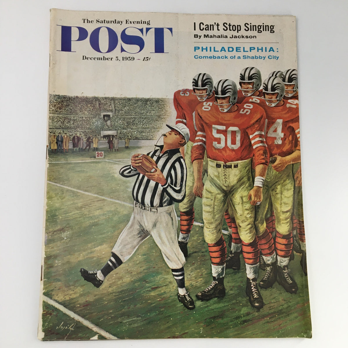 The Saturday Evening Post December 5 1959 featuring Philadelphia Eagles cover, showcasing a vintage illustration of a referee and players in football uniforms, reflecting mid-century American sports culture.