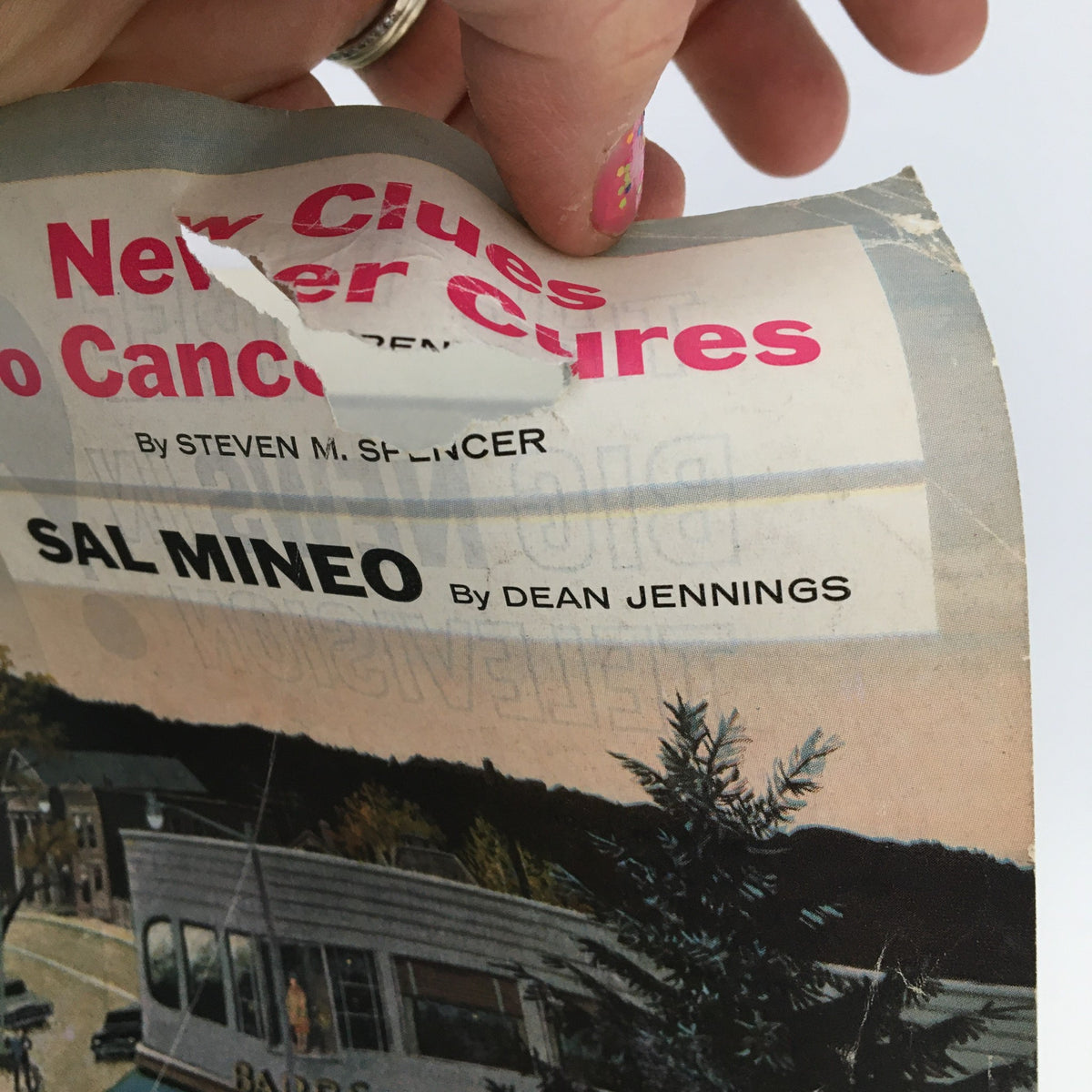Detail of The Saturday Evening Post October 31 1959 cover showing the headline featuring Sal Mineo and the article titled 'New Clues To Cancer Cures'.