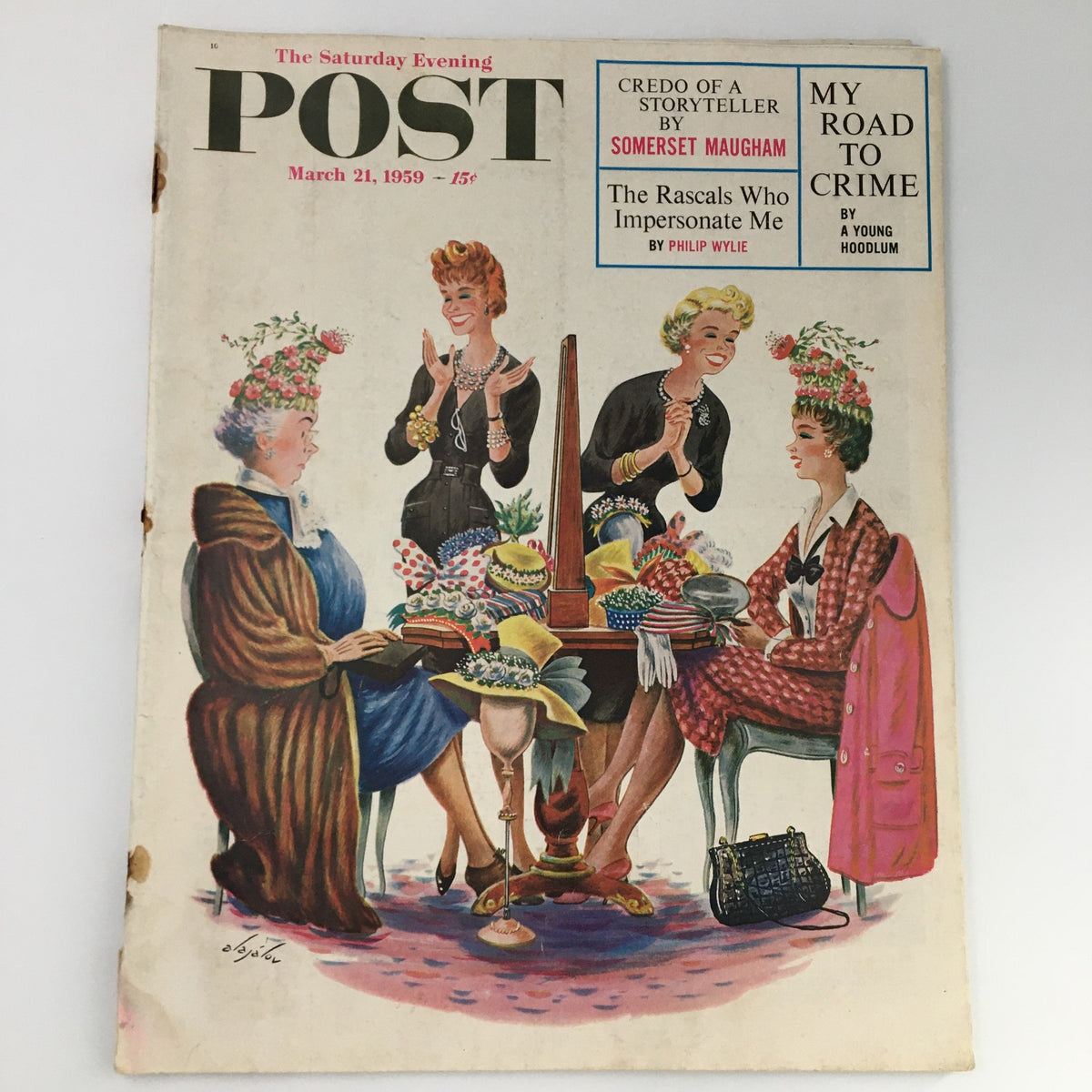 Cover of The Saturday Evening Post, March 21, 1959, featuring colorful illustrations of fashionable women enjoying a social gathering with a variety of hats and accessories.