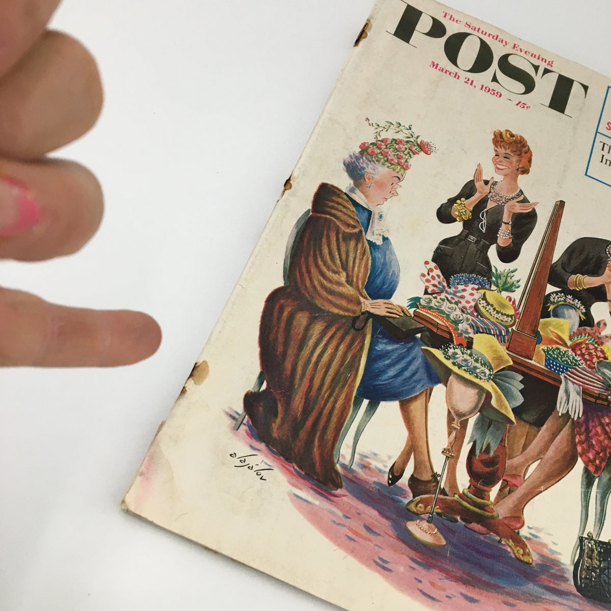 Detailed view of The Saturday Evening Post cover from March 21, 1959, showing a vibrant illustration of women engaged in conversation with hats and fashionable outfits.