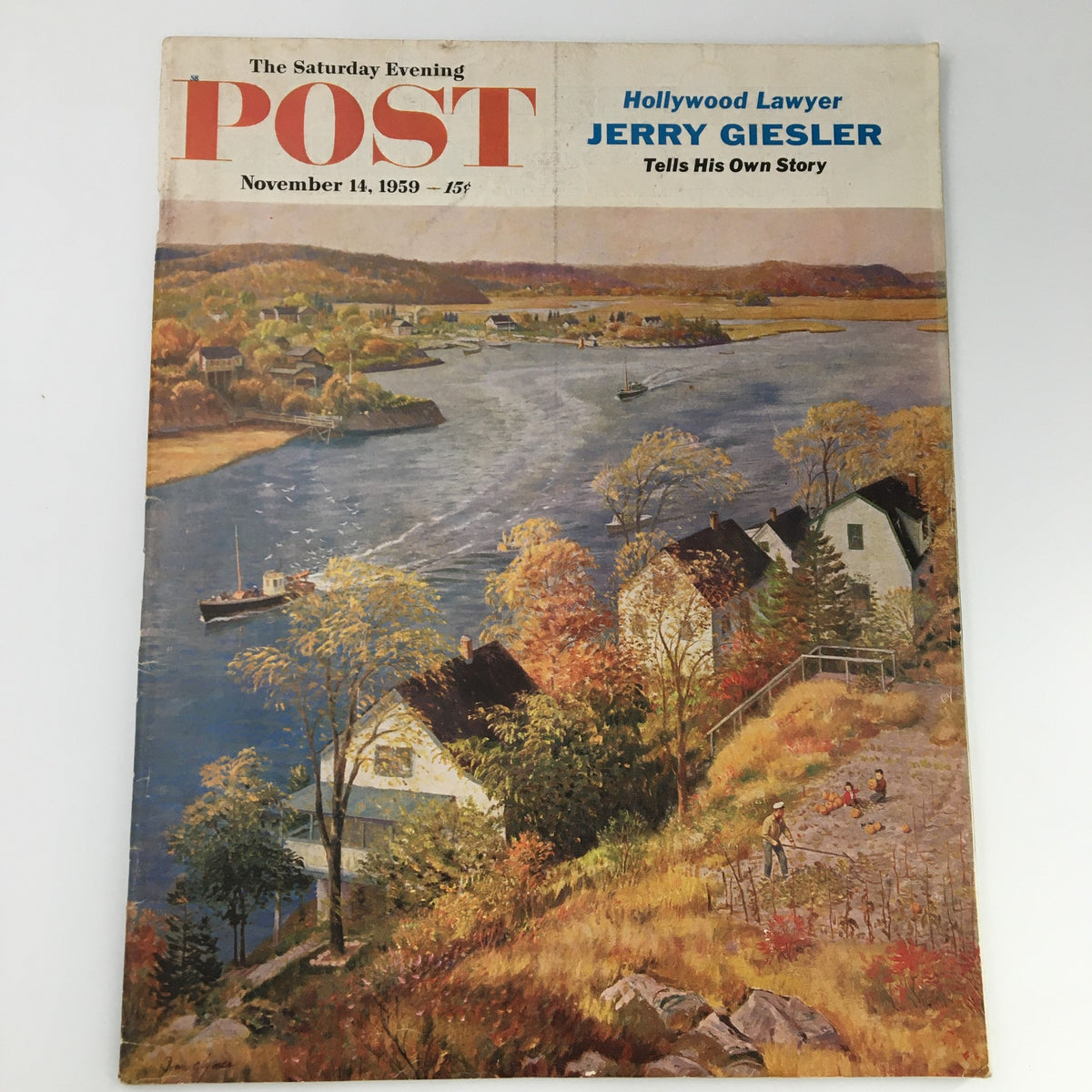Cover of The Saturday Evening Post, November 14, 1959, featuring a picturesque river scene with autumn foliage and houses, highlighting the Jerry Giesler feature, 'Hollywood Lawyer'. Perfect for vintage magazine collectors.