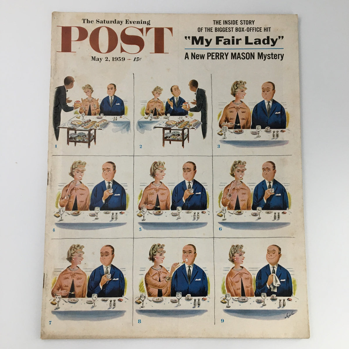 Cover of The Saturday Evening Post May 2, 1959 featuring a Perry Mason mystery, illustrated dining scene with characters at a table. The magazine highlights 'My Fair Lady' with engaging visual storytelling.