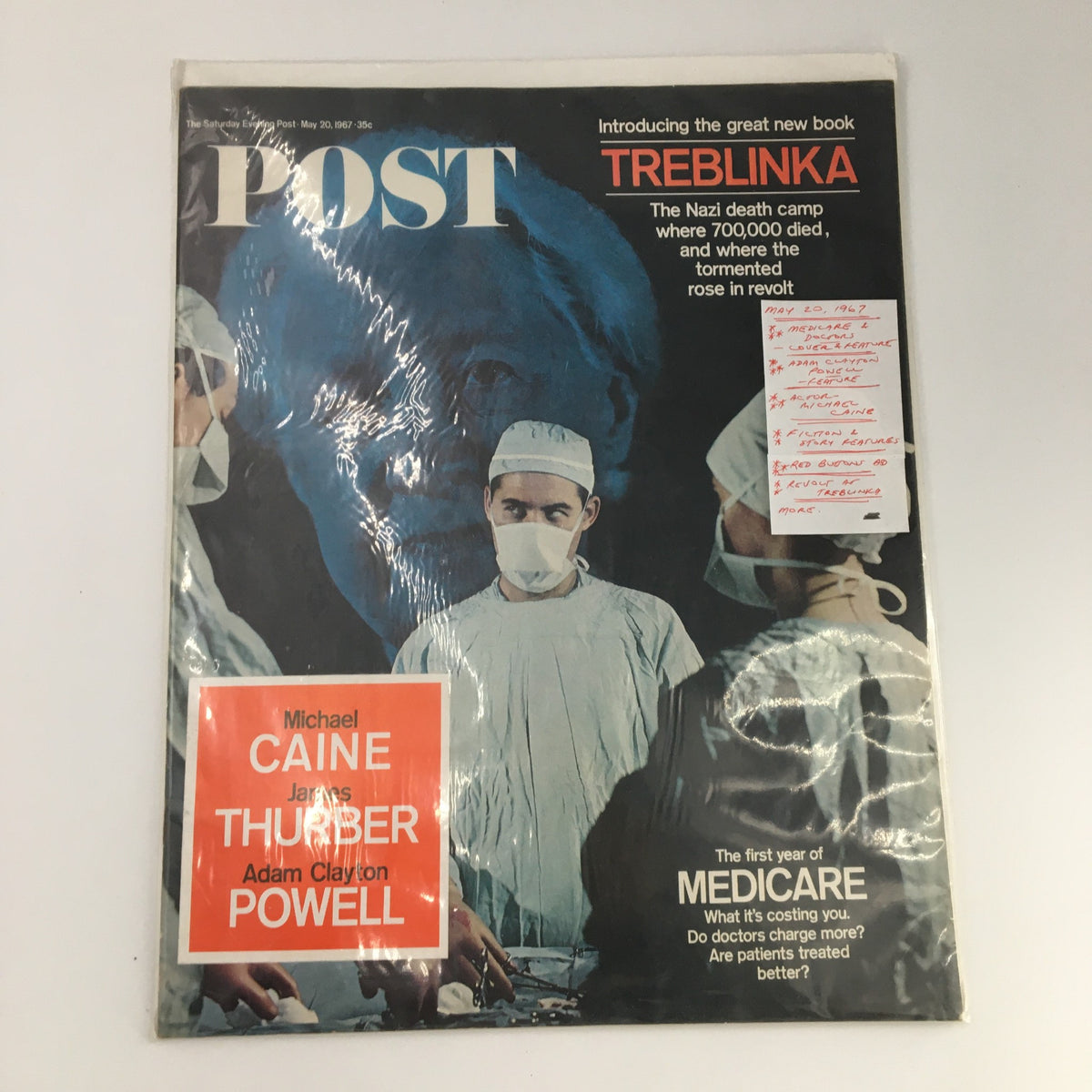 The Saturday Evening Post May 20 1967 cover featuring Adam Clayton Powell, Michael Caine, and James Thurber, with an emphasis on Medicare and historical events.