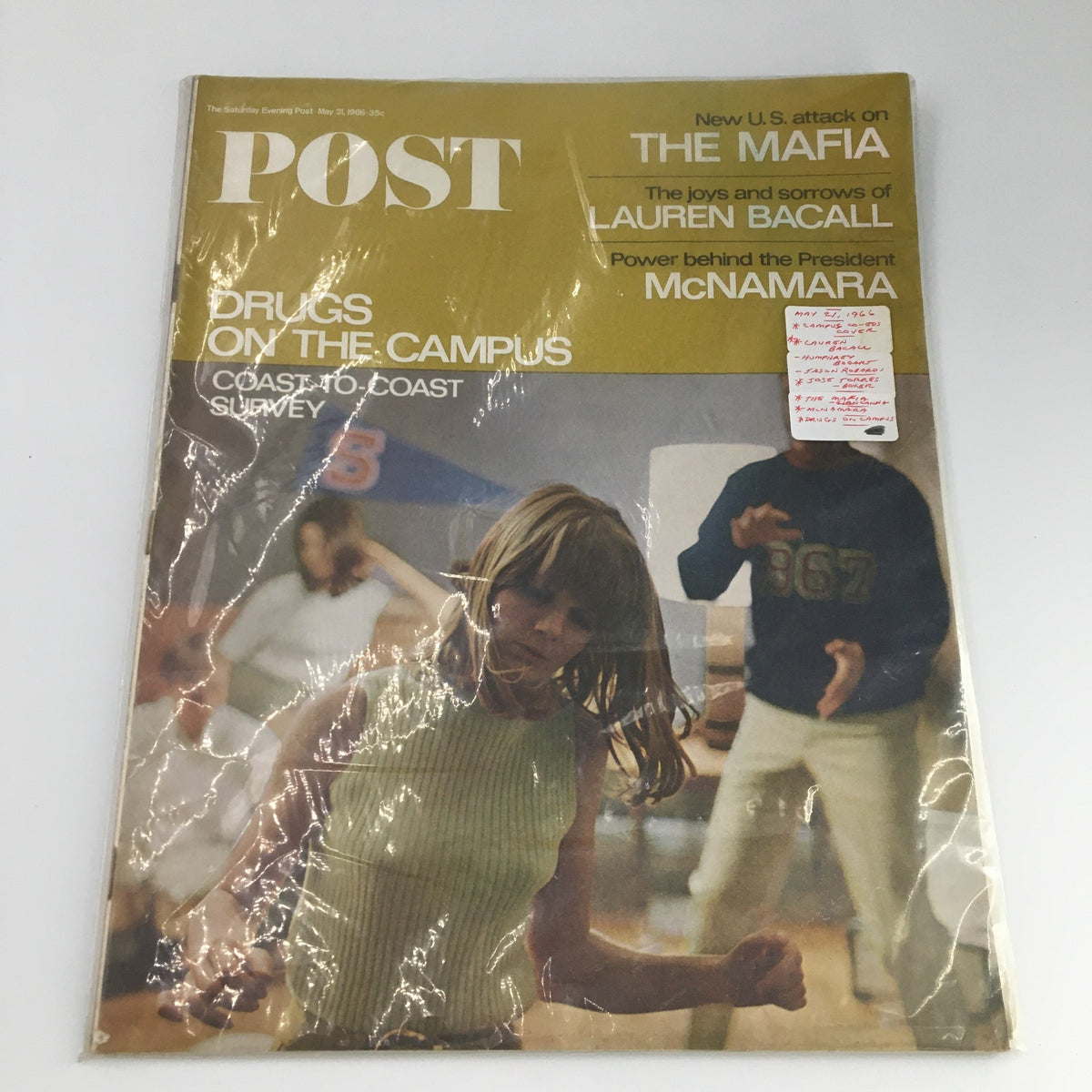 The Saturday Evening Post May 21, 1966 vintage magazine cover featuring Lauren Bacall, with headlines about the Mafia, McNamara, and campus life. Captivating mid-1960s design.