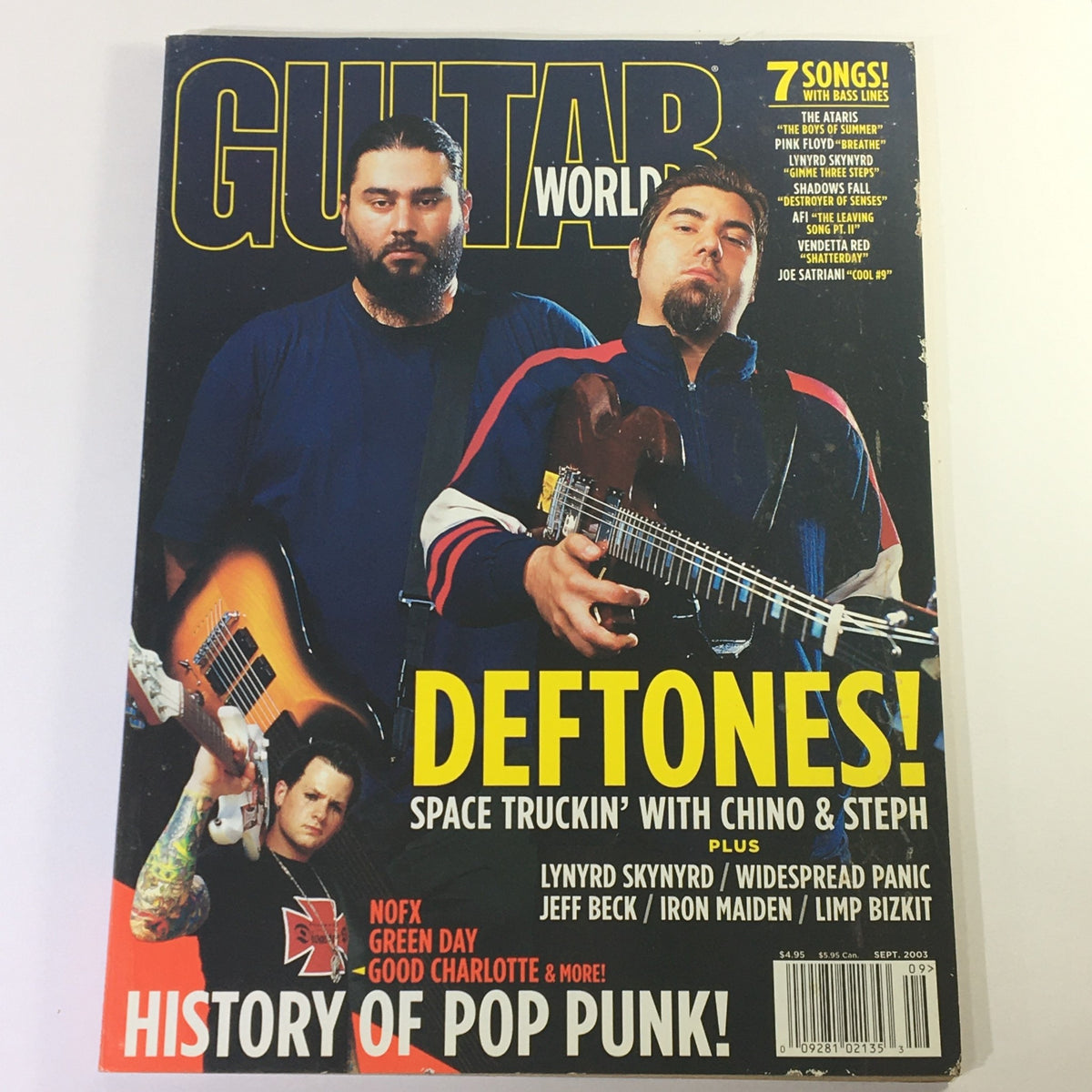 Cover of Guitar World Magazine September 2003 featuring Deftones with Chino & Steph, and articles on Lynyrd Skynyrd, Jeff Beck, and more. This vintage issue is a collector's item showcasing the era's rock music culture.