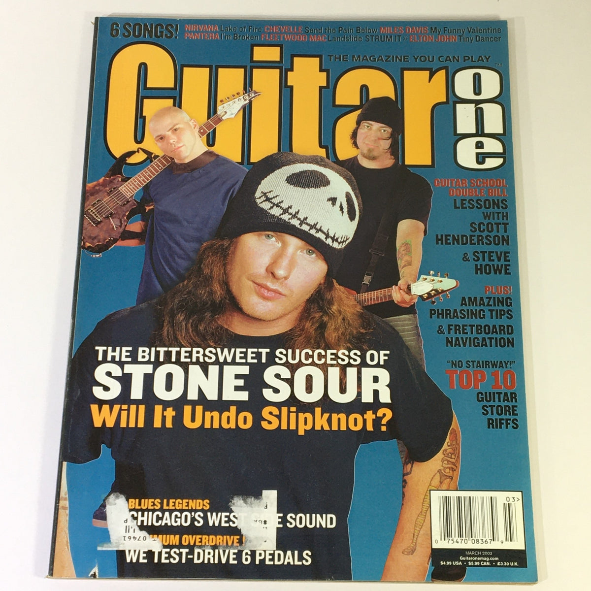 Guitar One Magazine March 2003 cover featuring Stone Sour, highlighting their success and music scene of the early 2000s, along with features on Johnny Marr, Ry Cooder, and music tips.