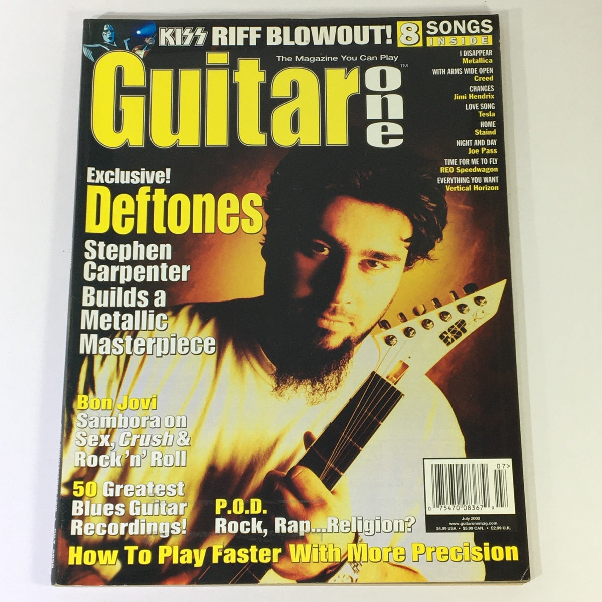 Guitar One Magazine July 2000 cover featuring Deftones and Stephen Carpenter, alongside Bon Jovi and Richie Sambora, highlighting music interviews and guitar techniques.