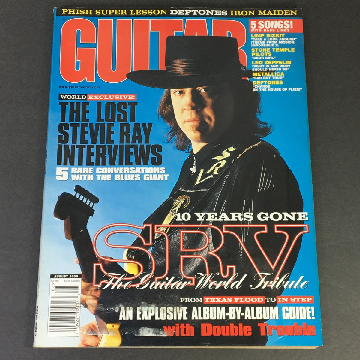Guitar One Magazine August 2000 featuring Stevie Ray Vaughan on the cover, showcasing his musical legacy and insights into the Austin music scene.