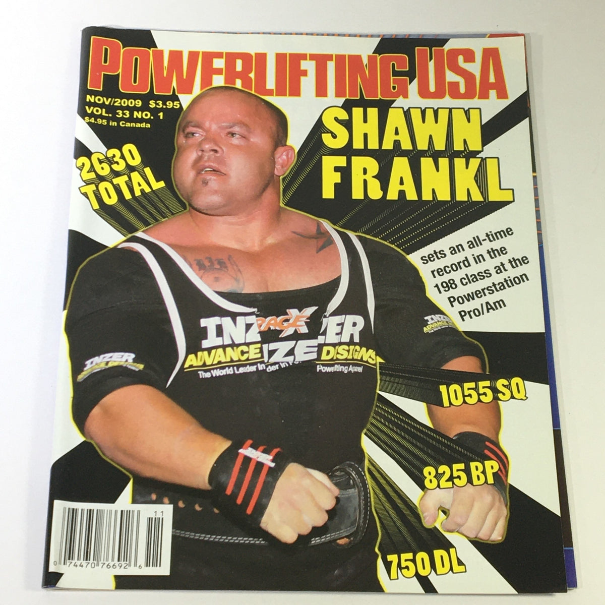 Cover of Powerlifting USA November 2009 Vol 33 #1 featuring Shawn Frankl, showcasing his achievements in powerlifting with total lifts of 2630, including 1055 squat, 825 bench press, and 750 deadlift.