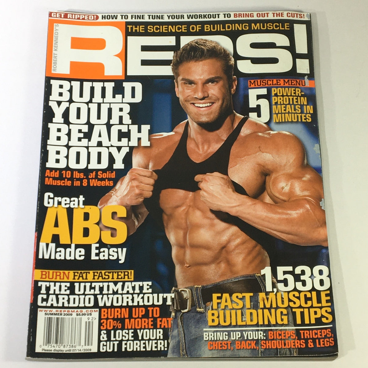 Reps Magazine Summer 2009 cover featuring Lind Walter showcasing muscle-building tips, emphasizing fast muscle building strategies and beach body workouts, a collectible issue in vintage fitness magazine history.
