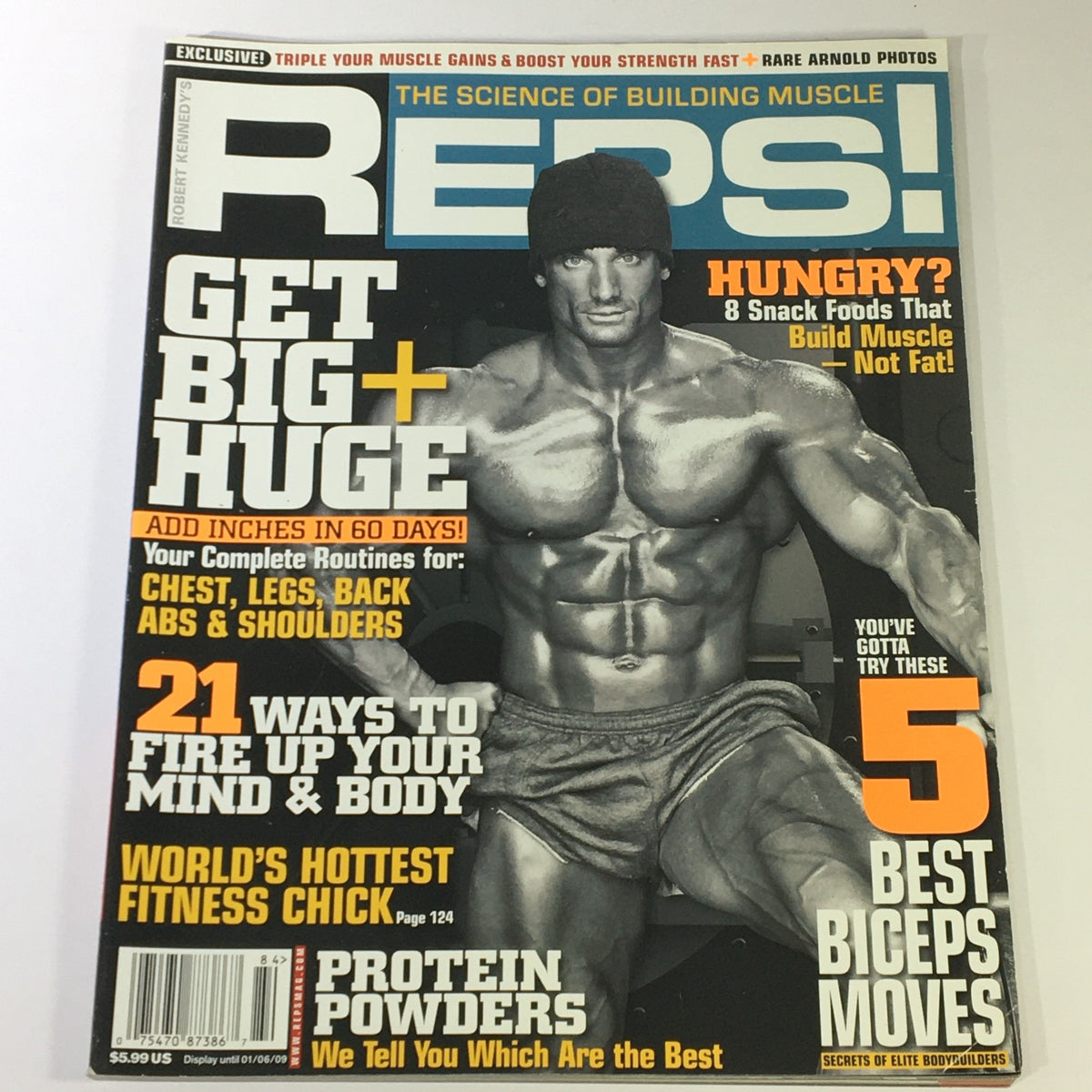 Cover of Reps Magazine Winter 2008 featuring title 'Reps! Get Big + Huge!', showcasing muscle-building tips, including an article on the '5 Best Biceps Moves' and insights on protein powders.