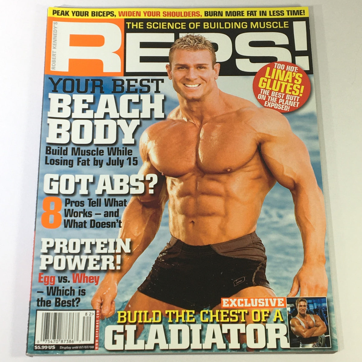 Cover of Reps Magazine Summer 2008 #10 featuring fitness expert David Rylah and the article 'Build Chest of a Gladiator'. This vintage fitness magazine emphasizes bodybuilding techniques and strength training.