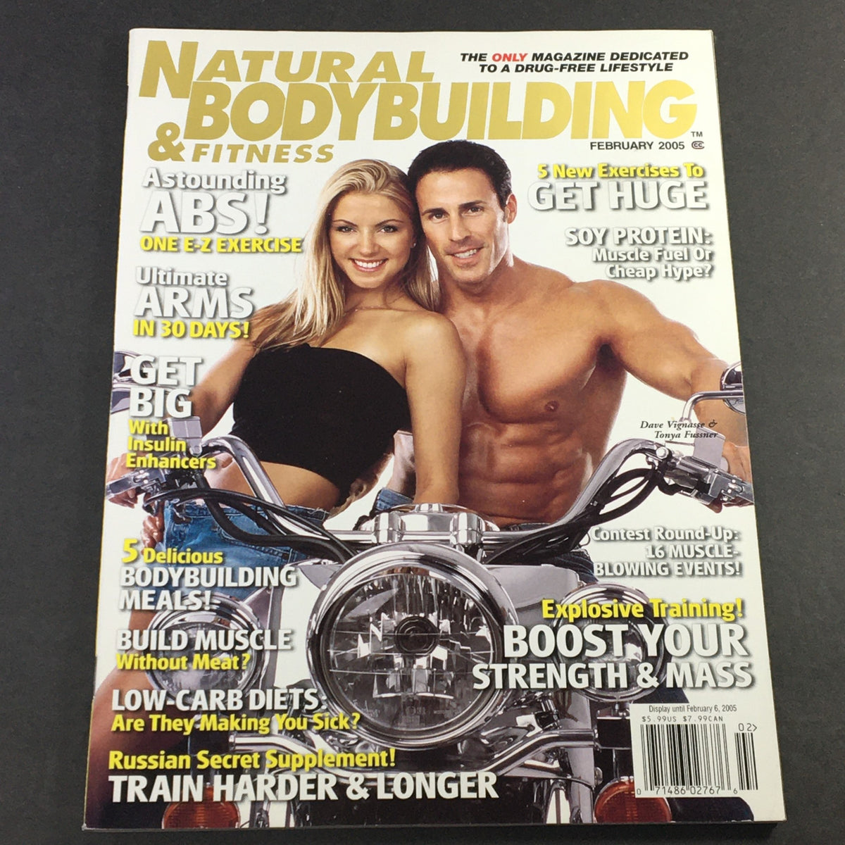 Cover of Natural Bodybuilding & Fitness, February 2005, featuring model Tonya Fussner and bodybuilder Dave Vignasse, showcasing fitness tips and bodybuilding techniques.