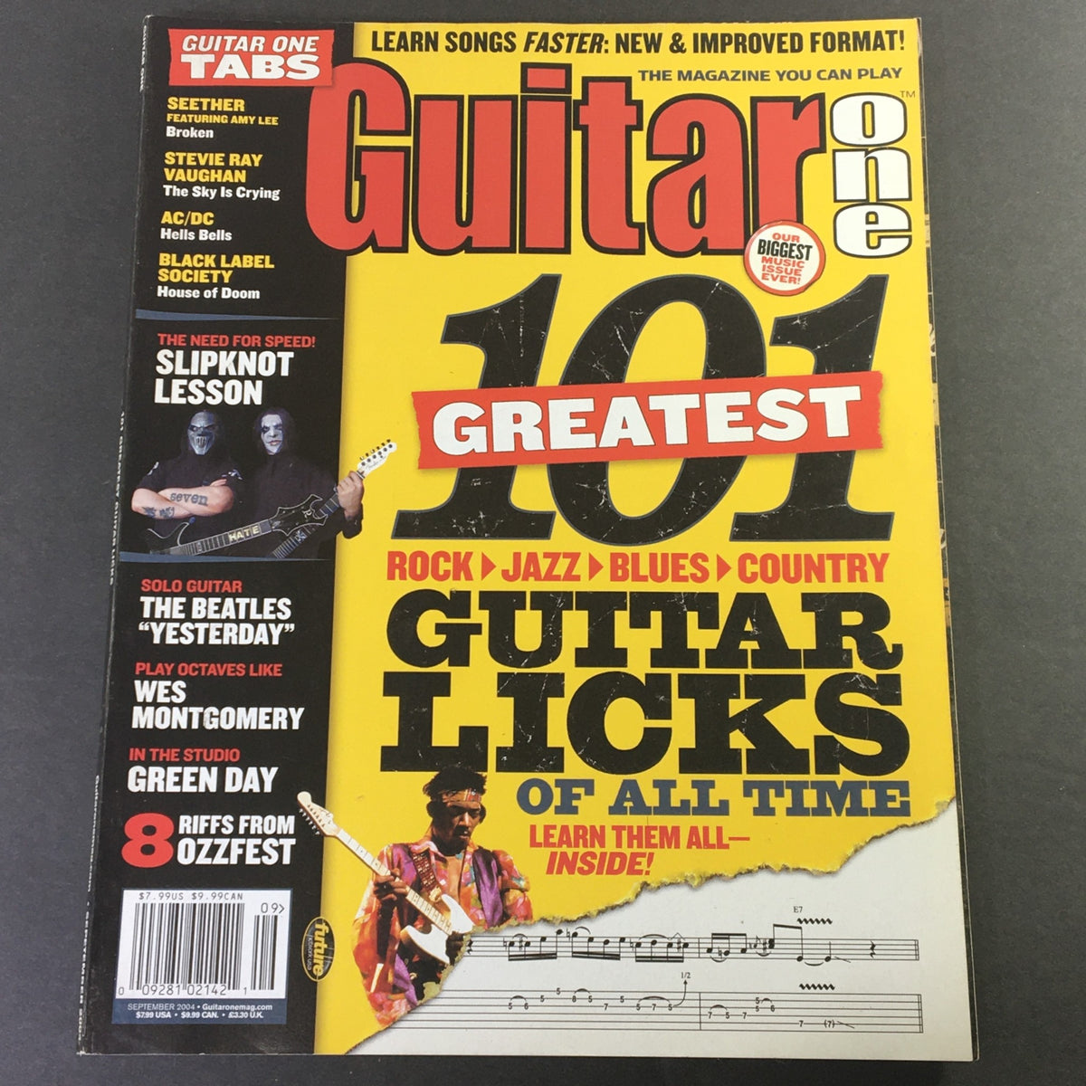 Cover of Guitar One Magazine September 2004 featuring articles on Jimmy Page, Seether, Stevie Ray Vaughan, and guitar licks.