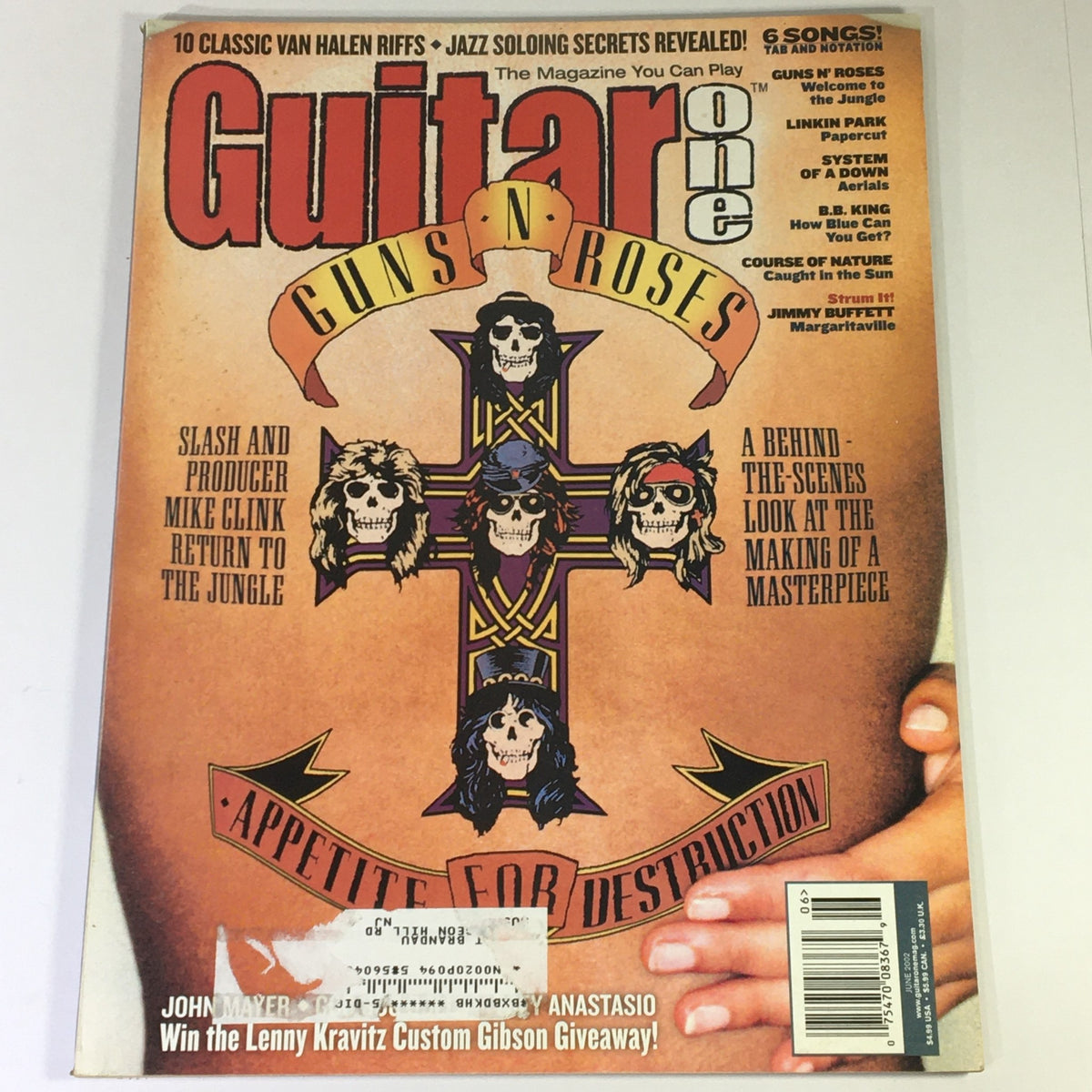 Guitar One Magazine June 2002 cover featuring Guns N' Roses, with a focus on the 'Appetite for Destruction' album, showcasing iconic rock imagery and band highlights. A collectible item for music enthusiasts.